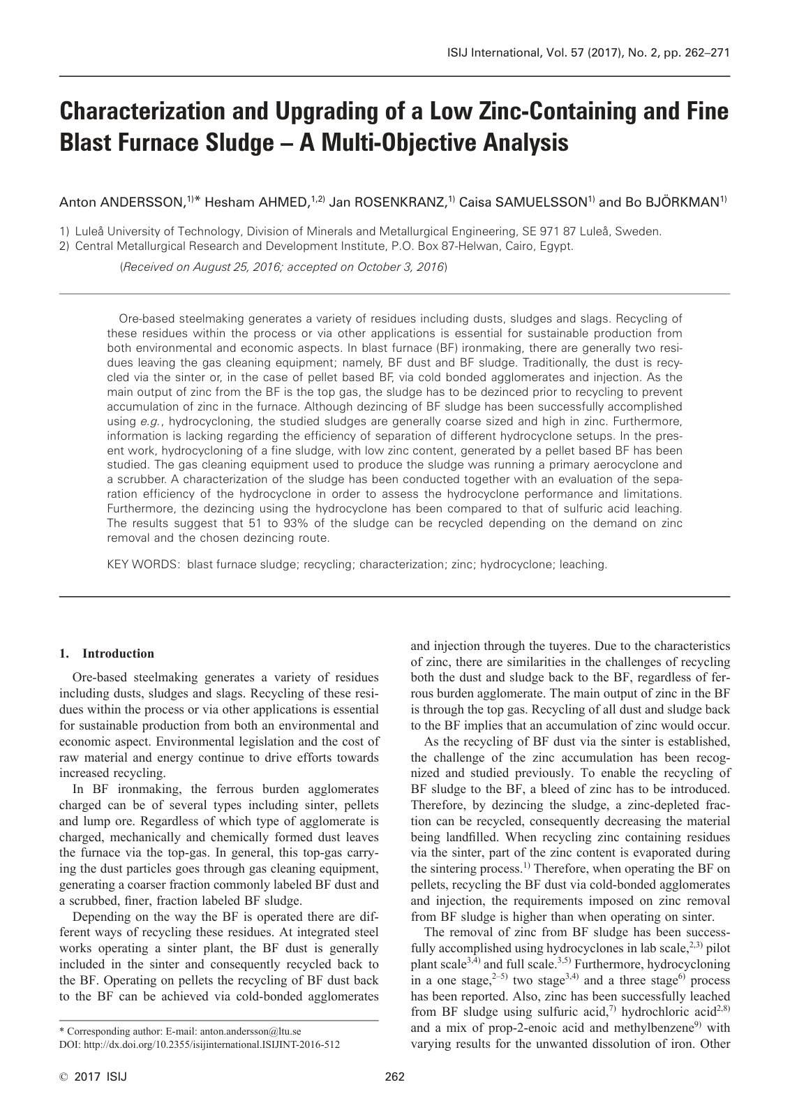 First page of Characterization and Upgrading of a Low Zinc-Containing and Fine Blast Furnace Sludge – A Multi-Objective Analysis