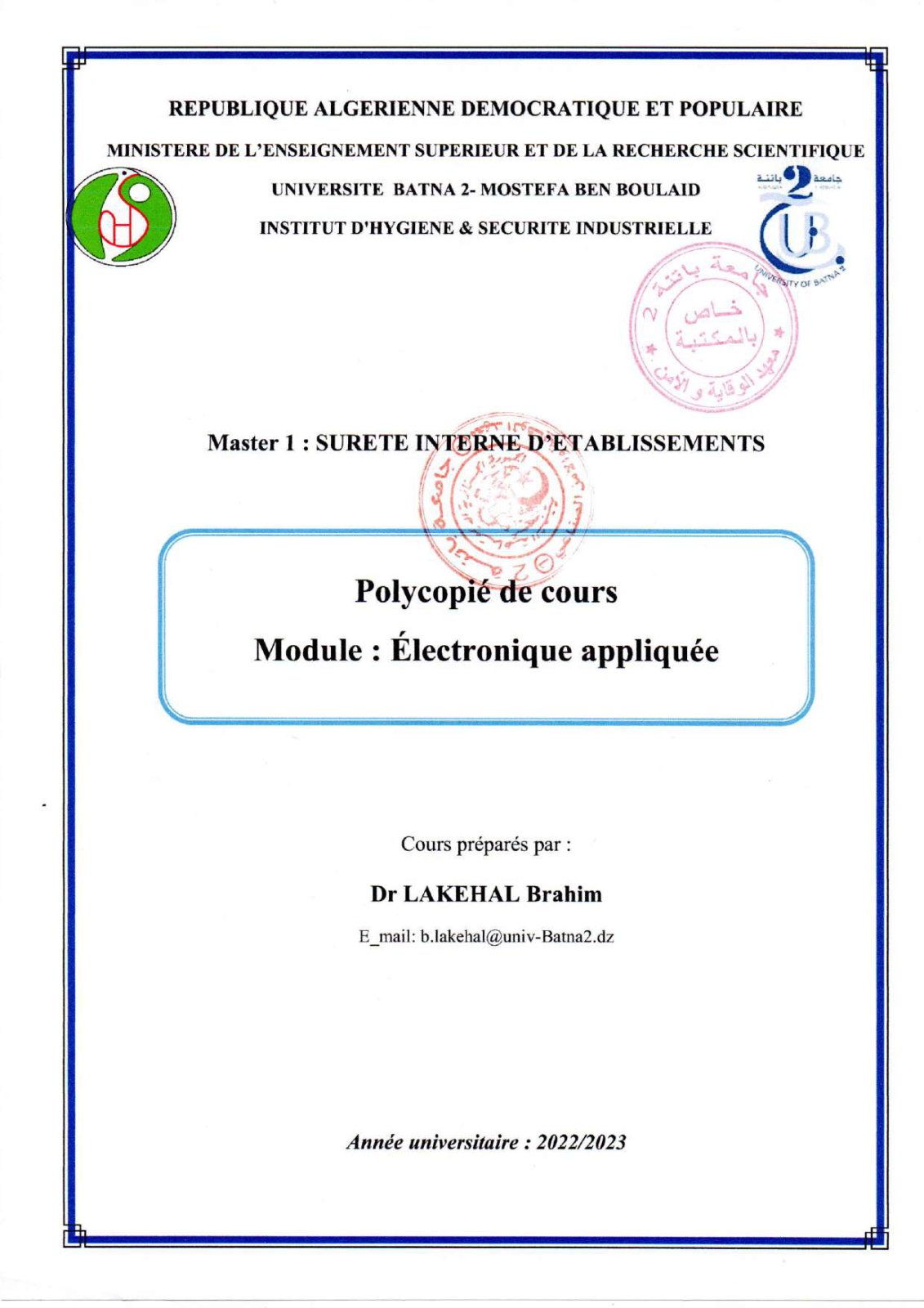 First page of cours electronique appliquee 1