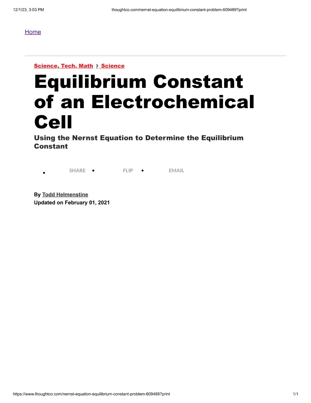 First page of Equilibrium Constant of an Electrochemical Cell Using the Nernst Equation to Determine the Equilibrium Constant