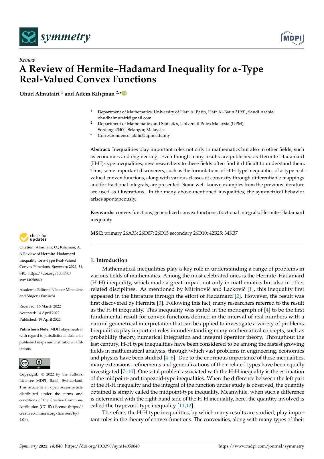 First page of A Review of Hermite–Hadamard Inequality for -Type Real-Valued Convex Functions