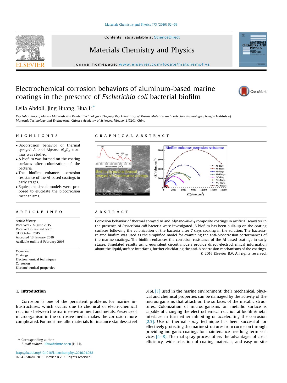First page of Electrochemical corrosion behaviors of aluminum-based marine coatings in the presence of Escherichia coli bacterial biofilm