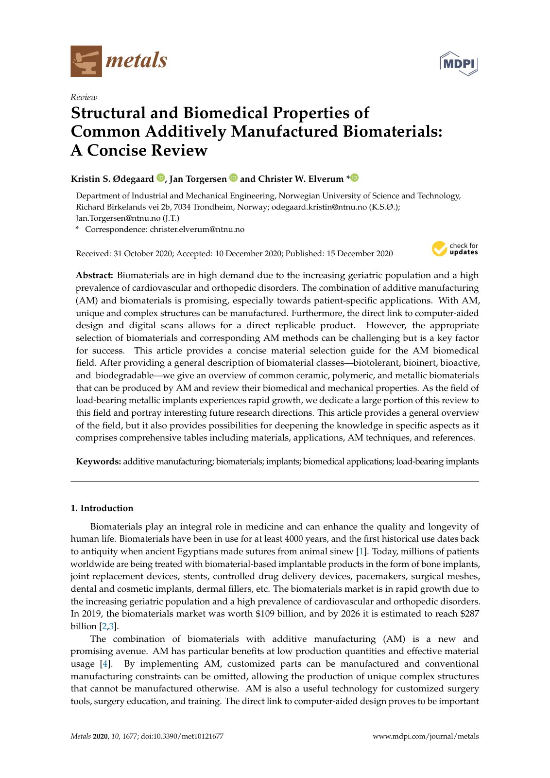 First page of Structural and Biomedical Properties of Common Additively Manufactured Biomaterials: A Concise Review