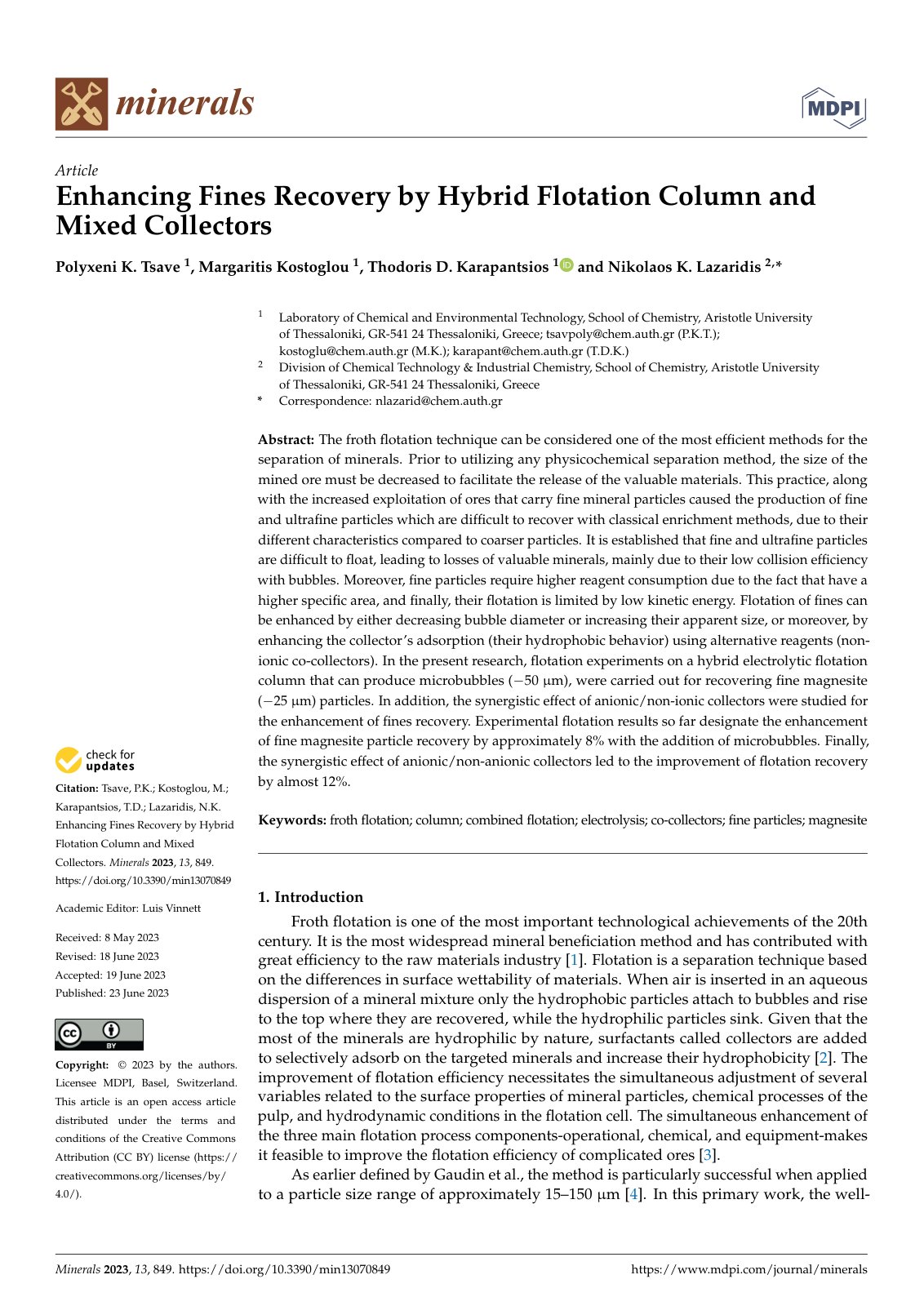 First page of Enhancing Fines Recovery by Hybrid Flotation Column and Mixed Collectors