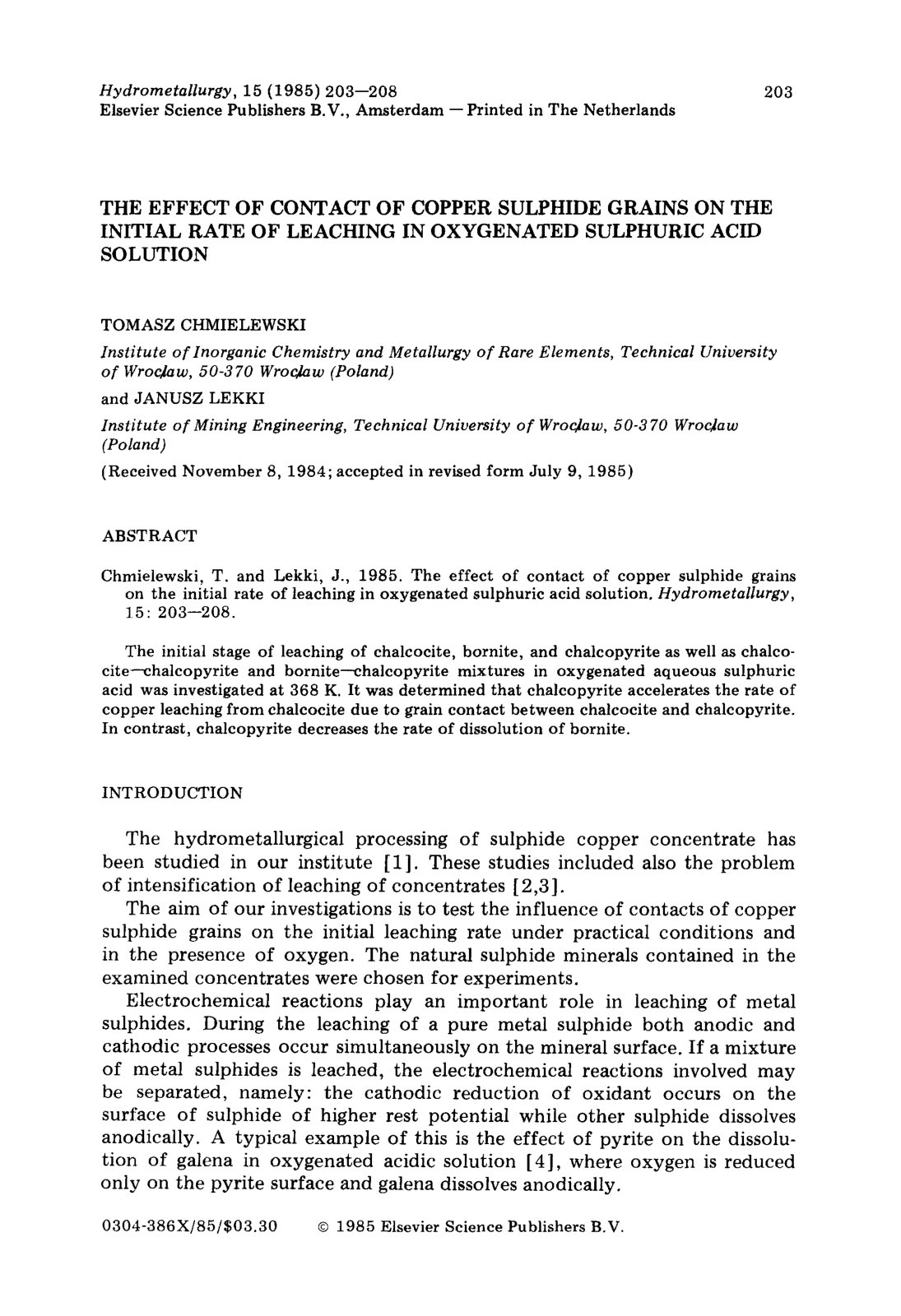 First page of The effect of contact of copper sulphide grains on the initial rate of leaching in oxygenated sulphuric acid solution