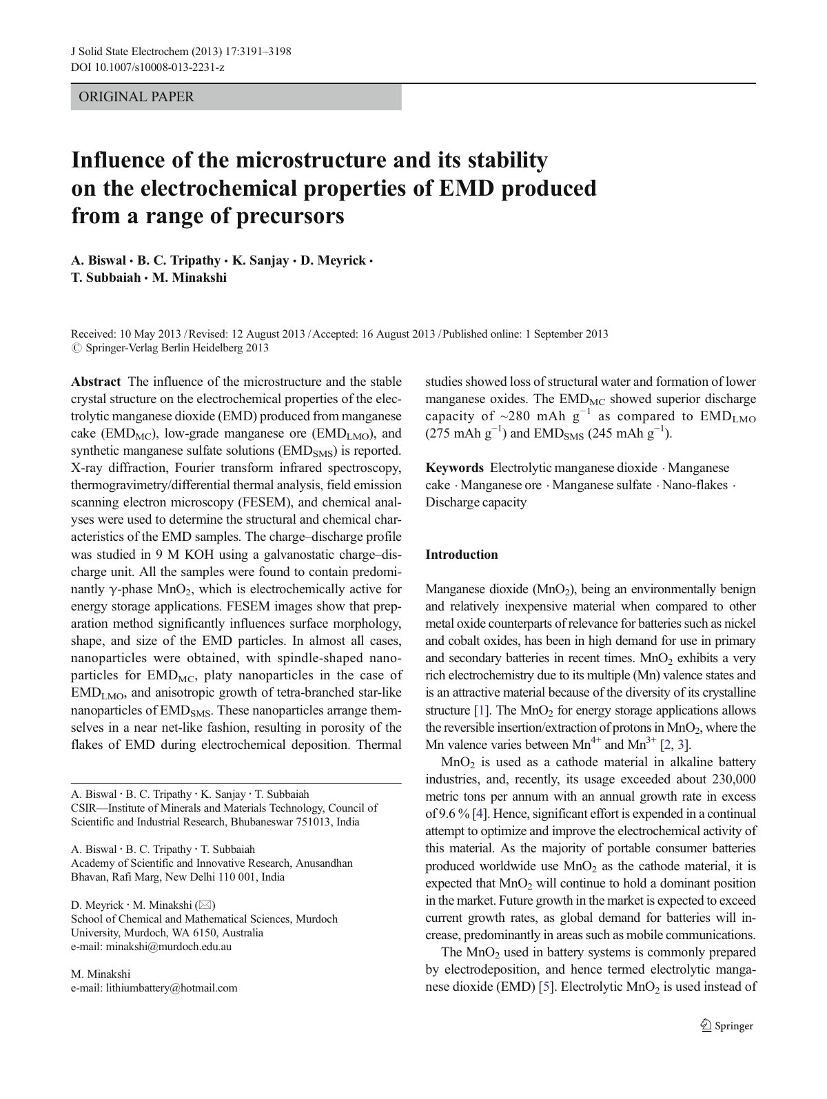 First page of Influence of the microstructure and its stability on the electrochemical properties of EMD produced from a range of precursors