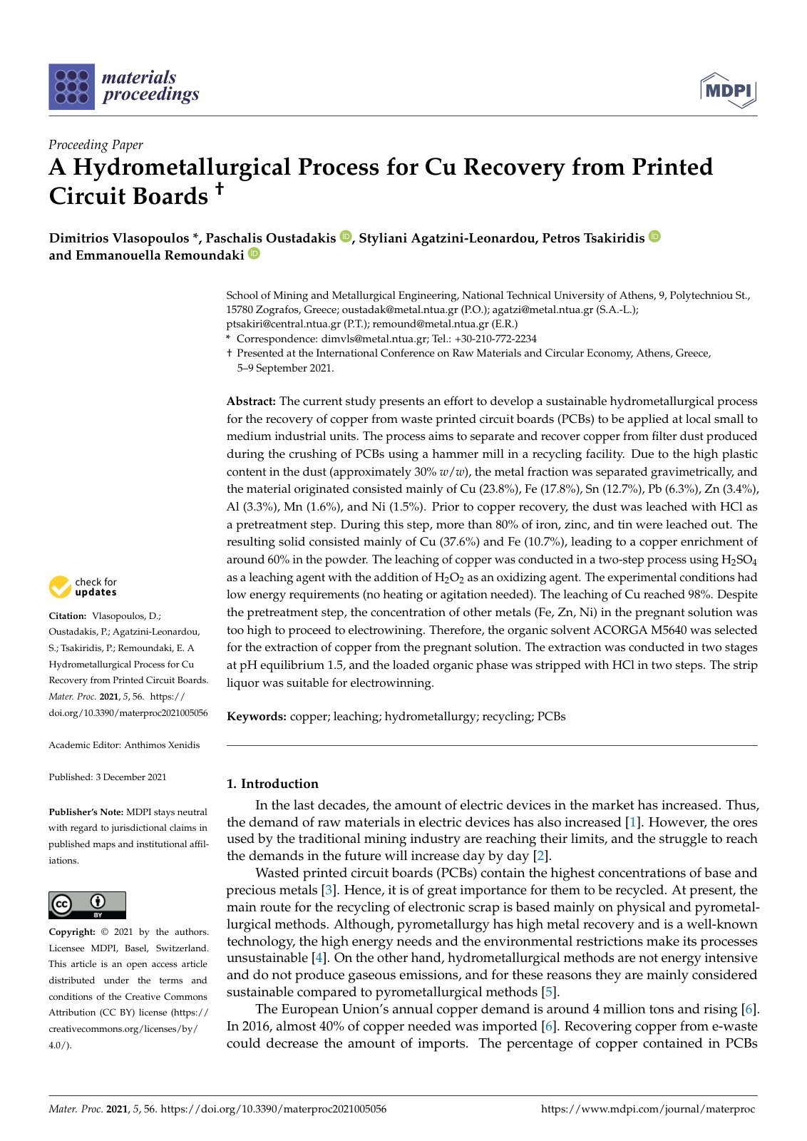 First page of A Hydrometallurgical Process for Cu Reco