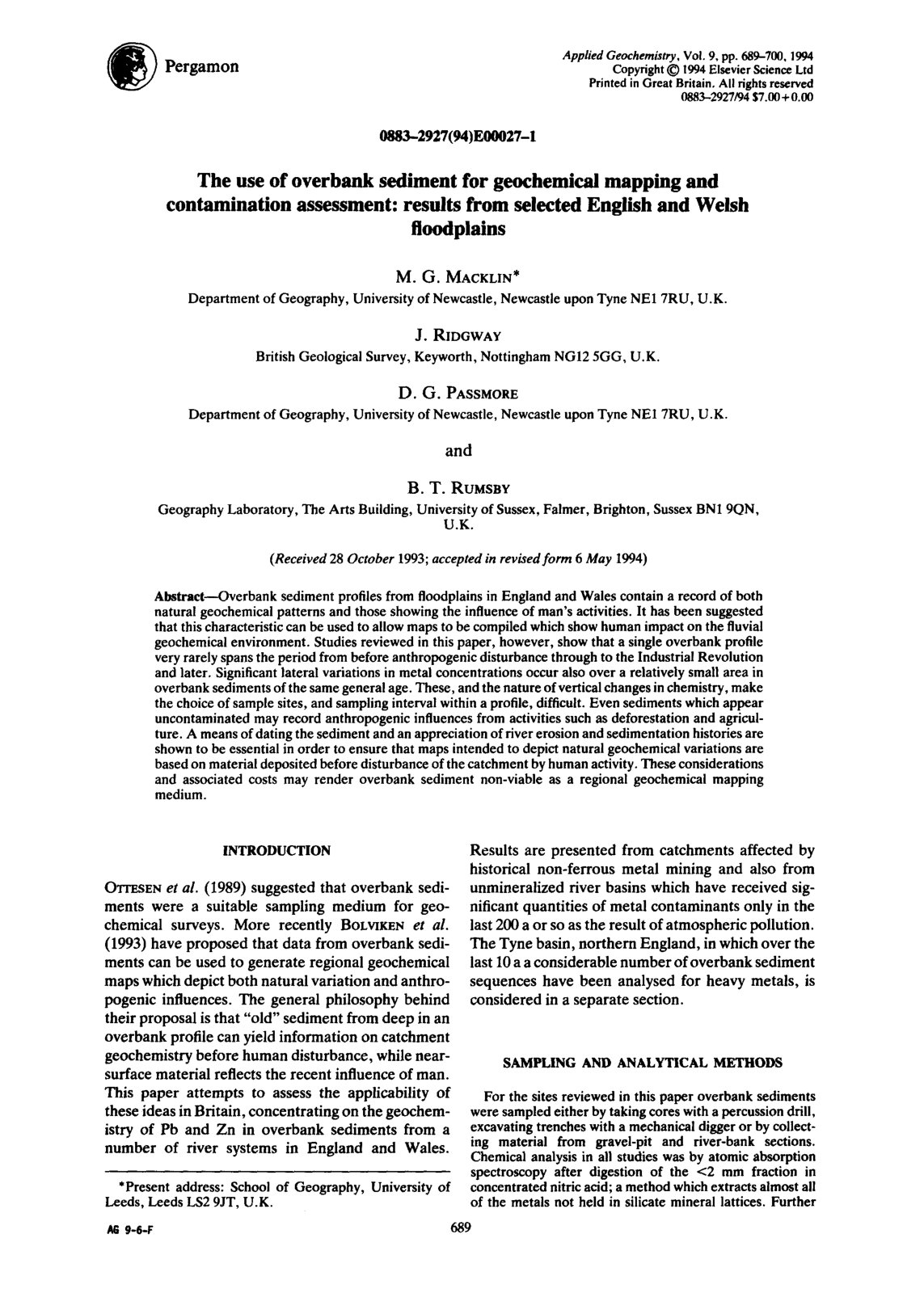 First page of The use of overbank sediment for geochemical mapping and contamination assessment: results from selected English and Welsh floodplains