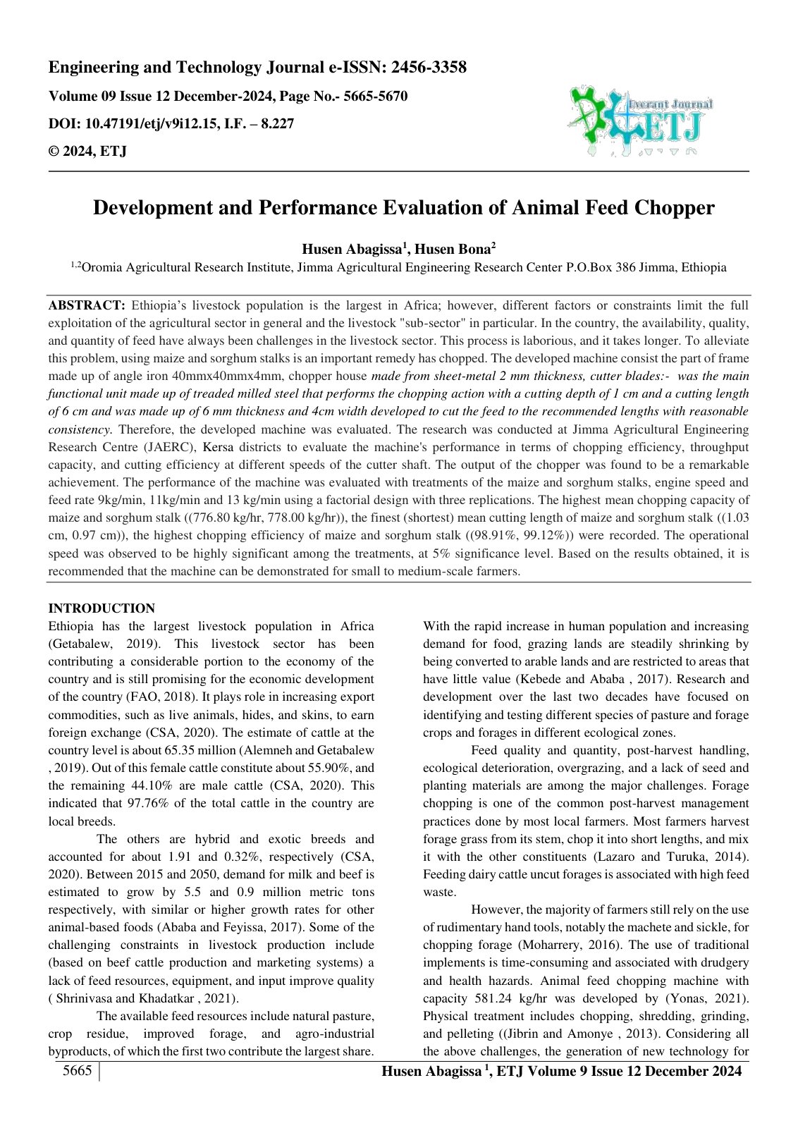 First page of Development and Performance Evaluation of Animal Feed Chopper 