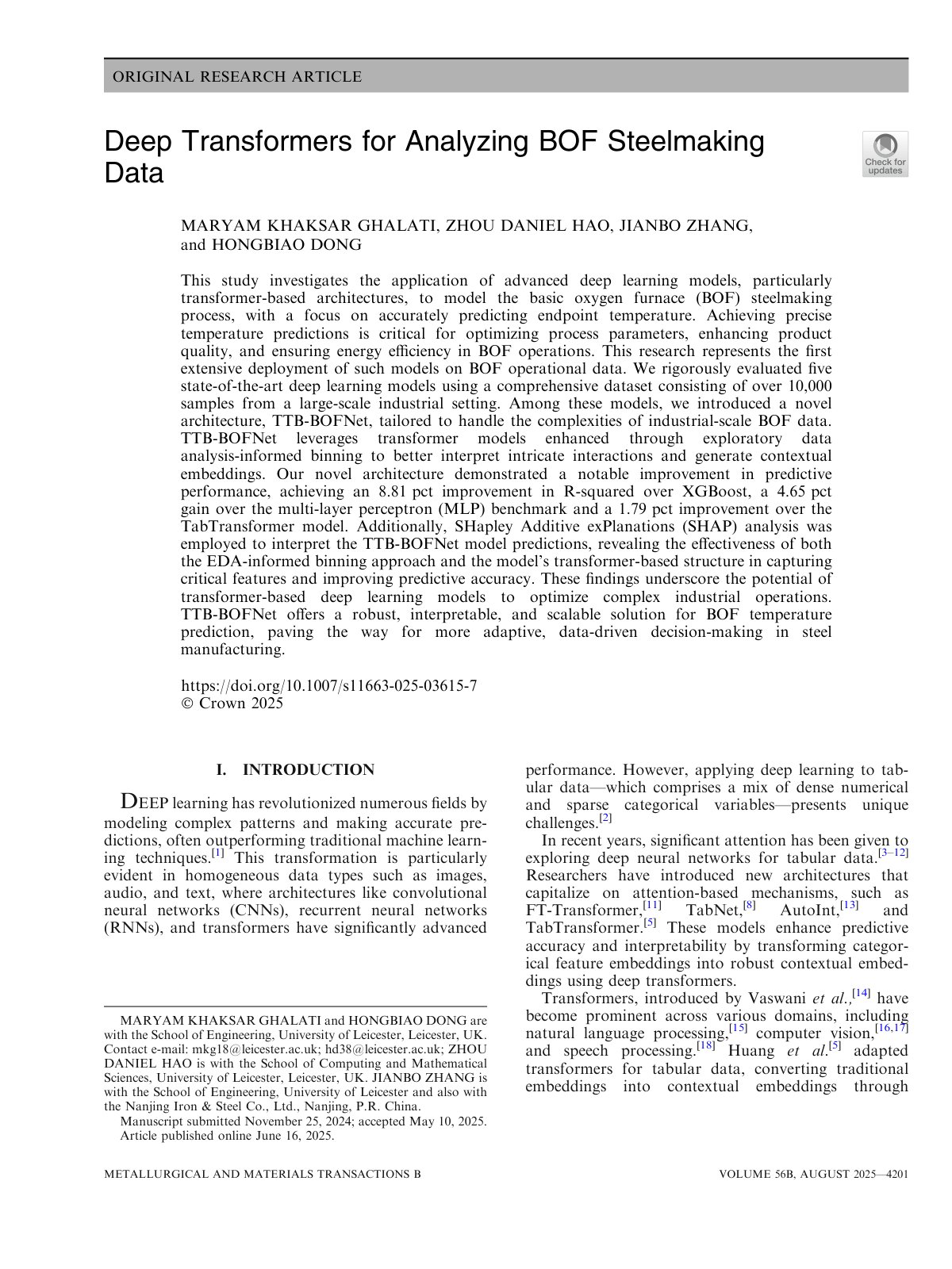 First page of Deep Transformers for Analyzing BOF Steelmaking Data
