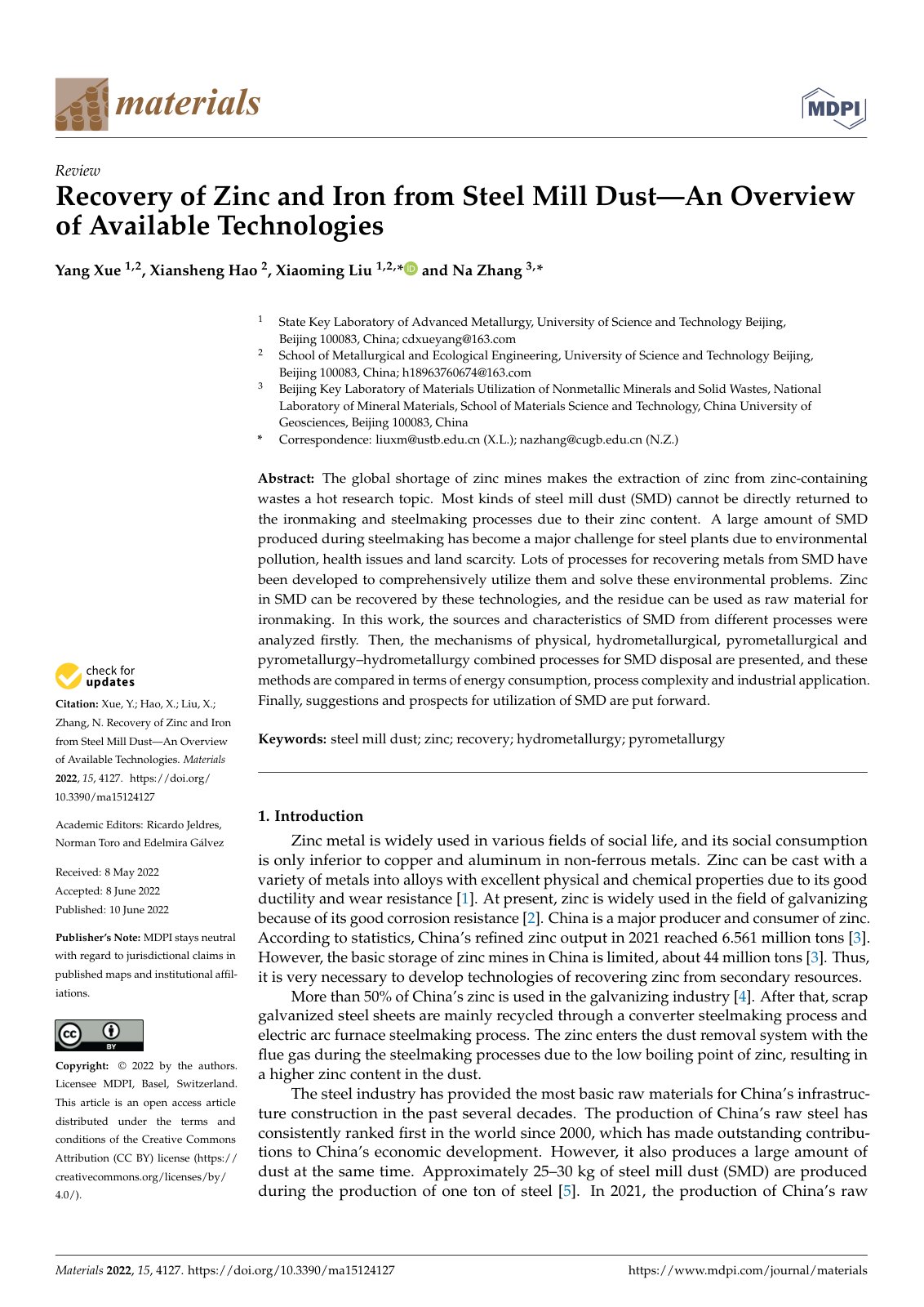 First page of Recovery of Zinc and Iron from Steel Mill Dust—An Overview of Available Technologies