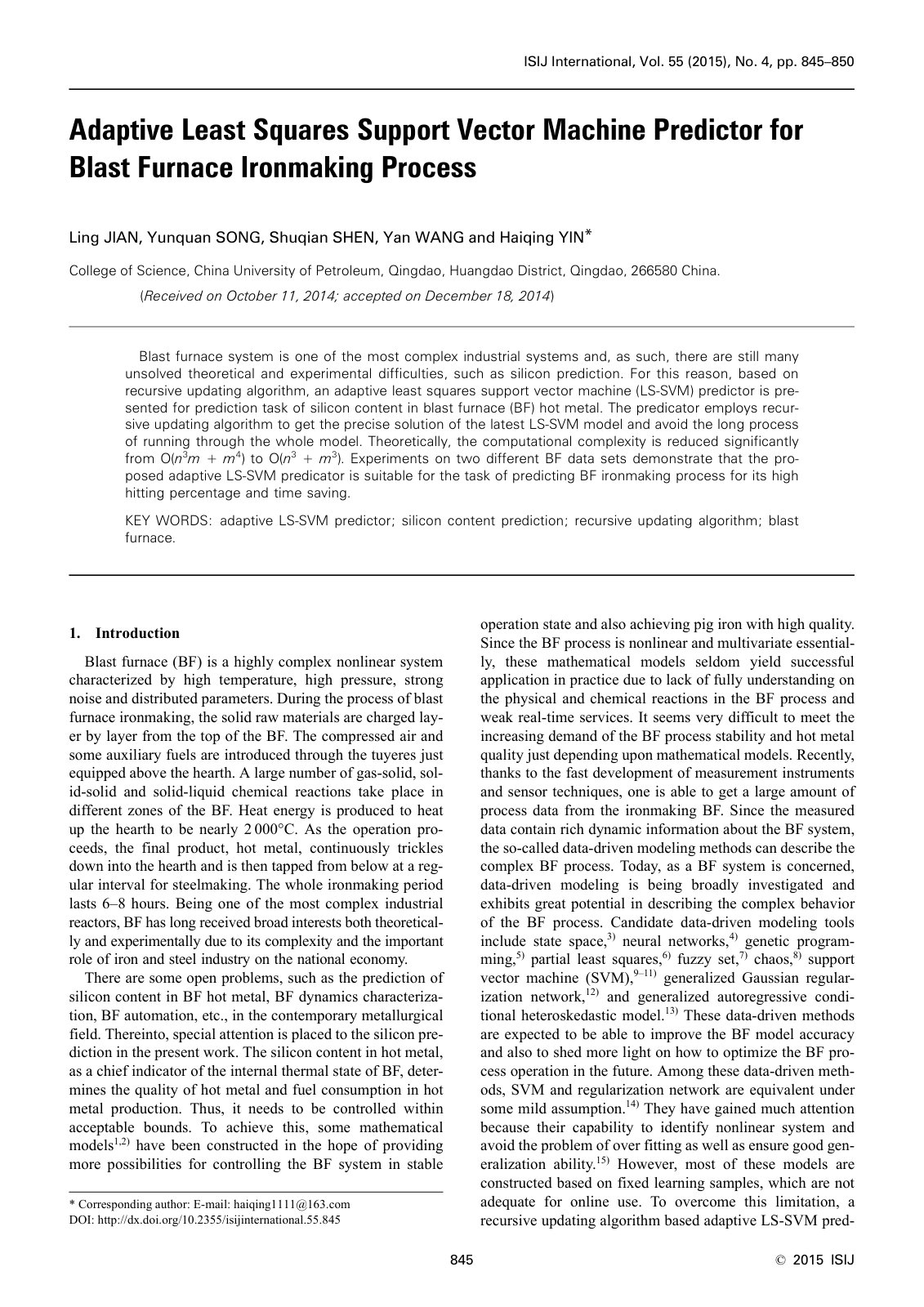 First page of 137 Adaptive Least Squares Support Vector Machine Predictor for Blast Furnace Ironmaking Process