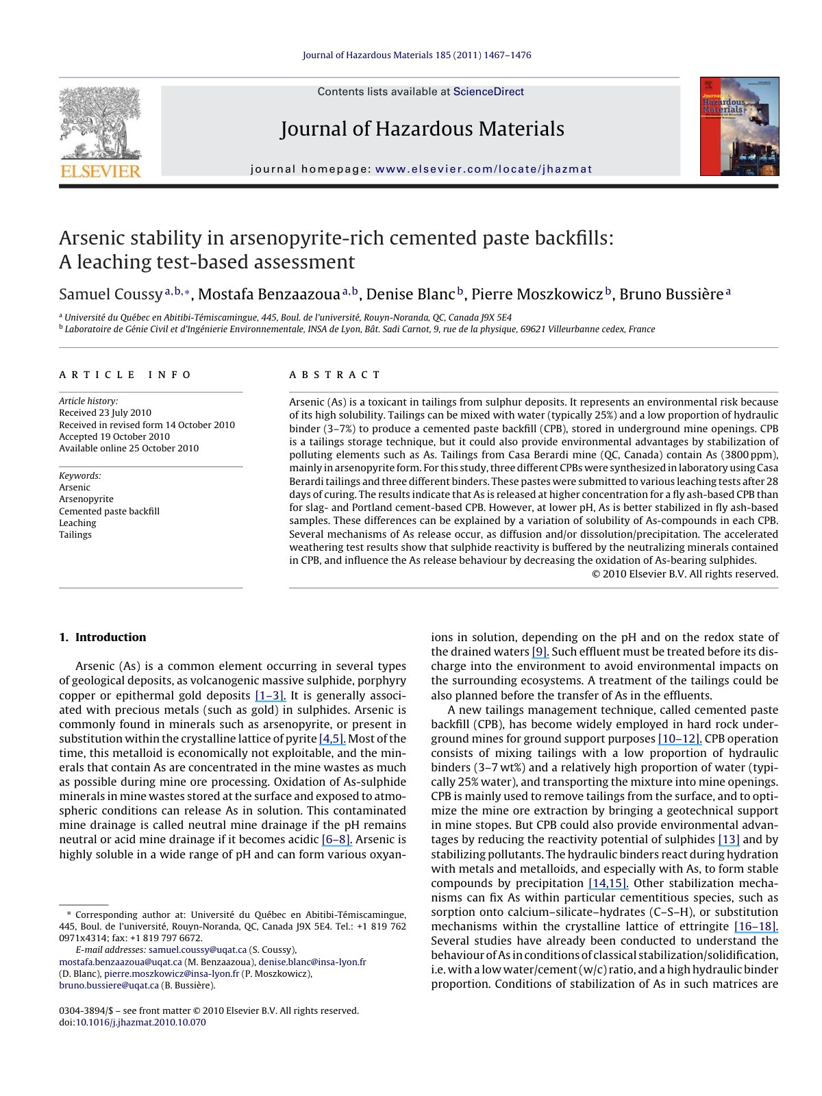 First page of Arsenic stability in arsenopyrite rich c