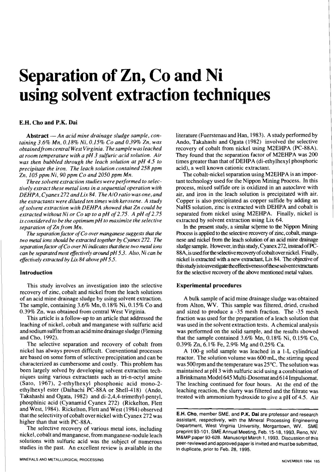 First page of Separation of Zn, Co and Ni using solvent extraction techniques