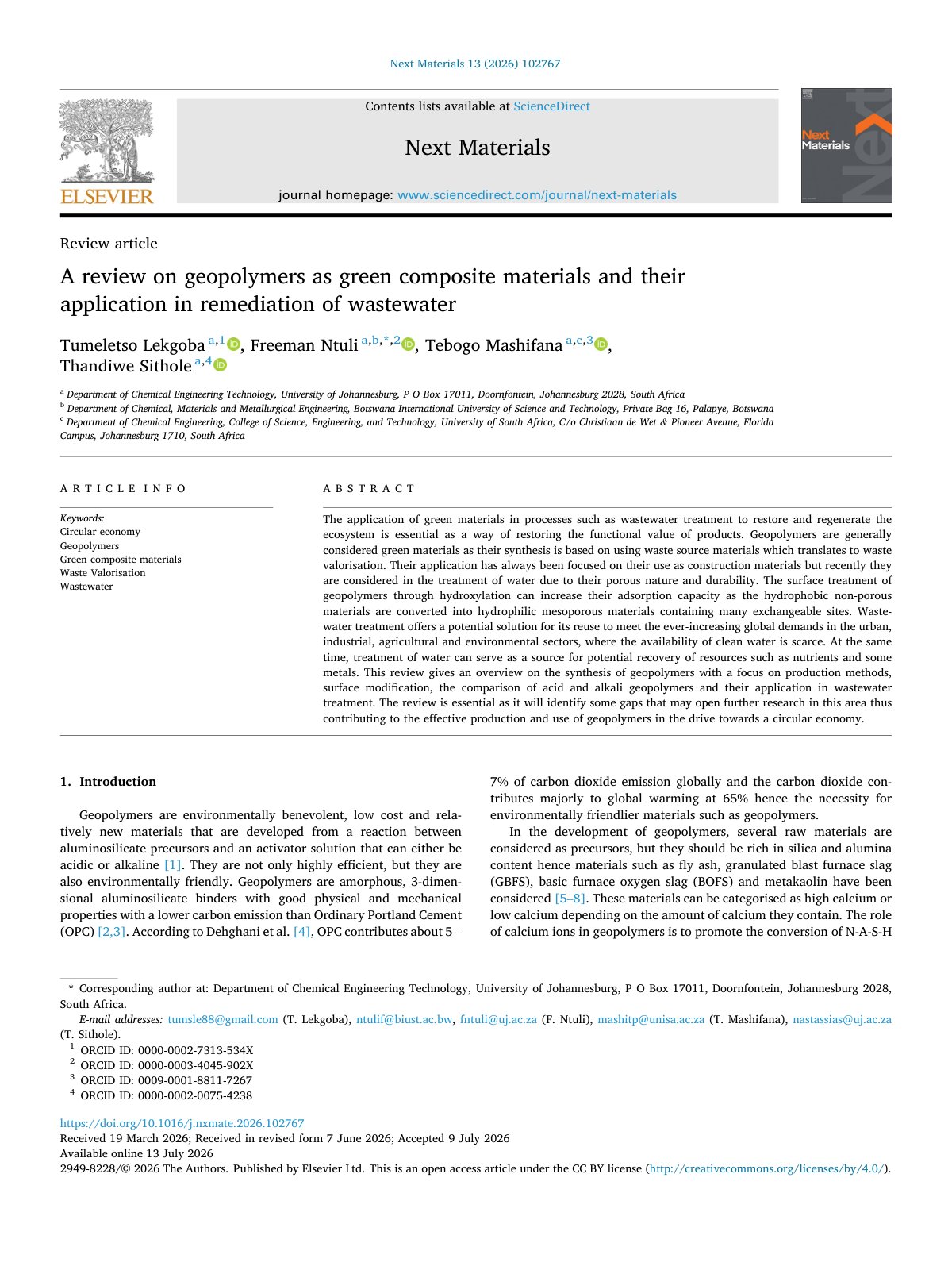 First page of A review on geopolymers as green composite materials and their 2026 Next Mat