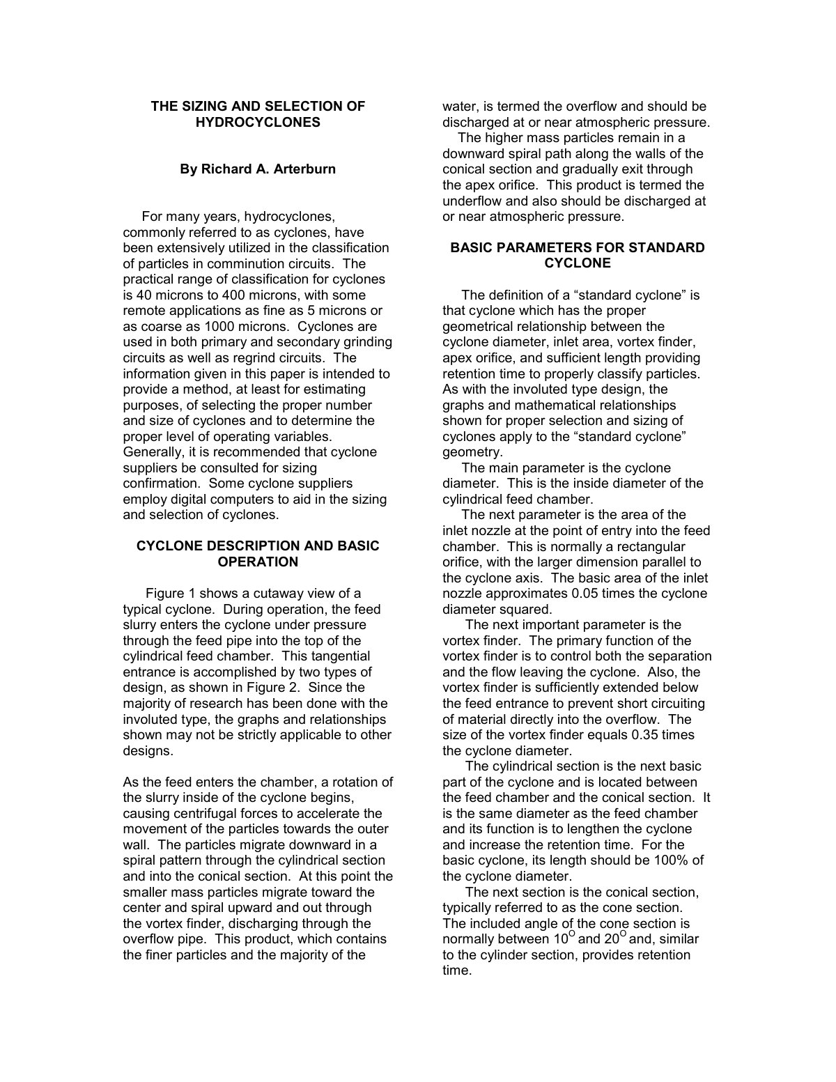 First page of Sizing & Selection of Cyclones