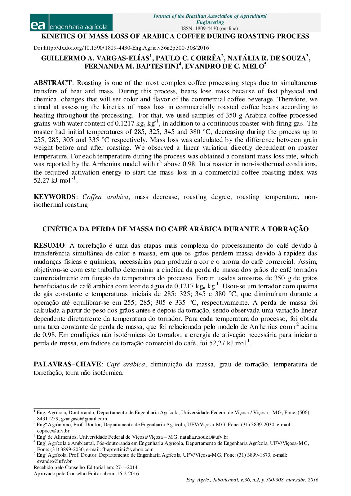 First page of KINETICS OF MASS LOSS OF ARABICA COFFEE DURING ROASTING PROCESS