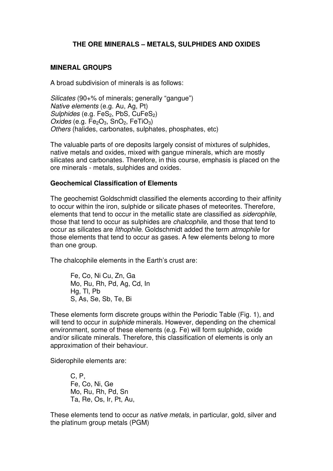 First page of THE ORE MINERALS – METALS, SULPHIDES AND OXIDES