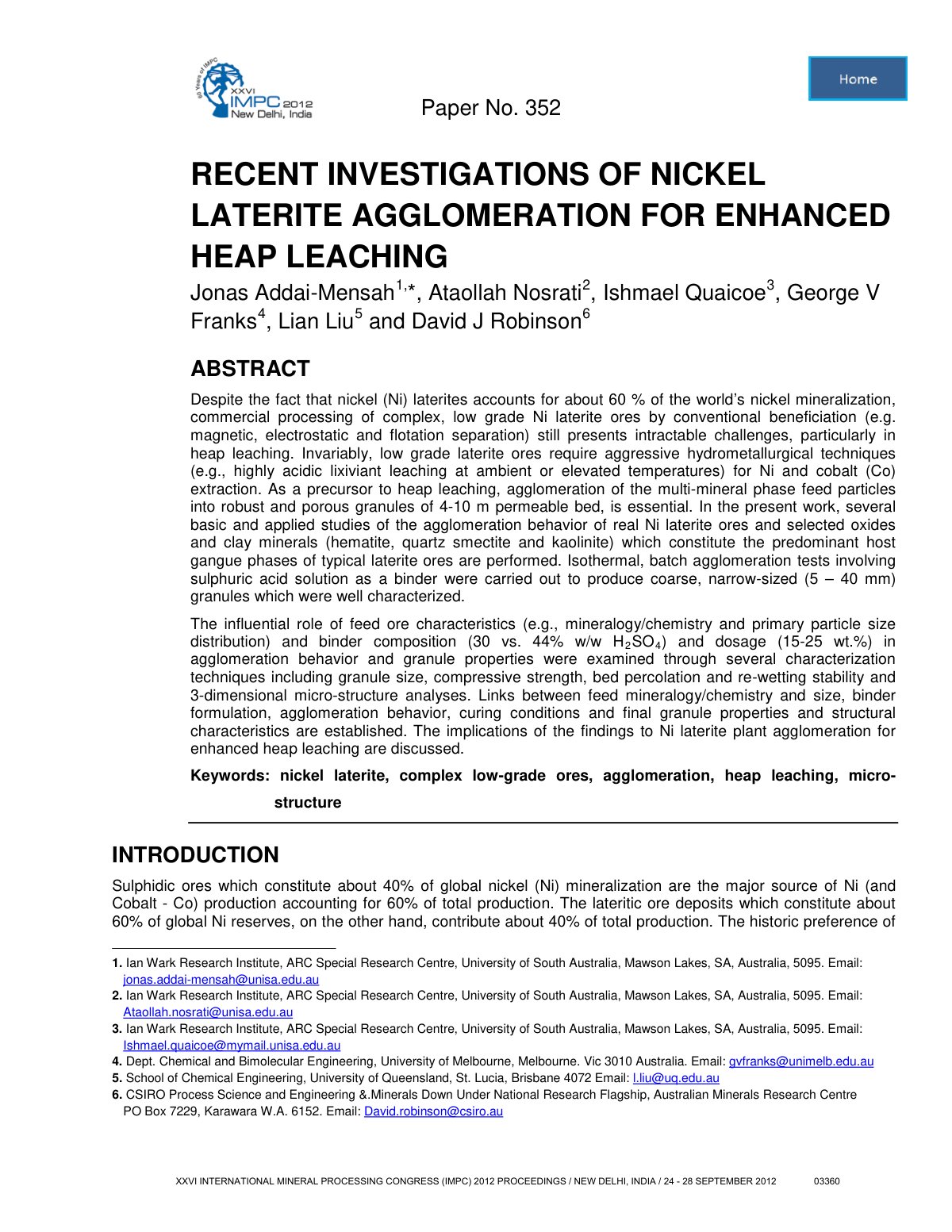 First page of Recent Investigations of Nickel Laterite Agglomeration for Enhanced Heap Leaching