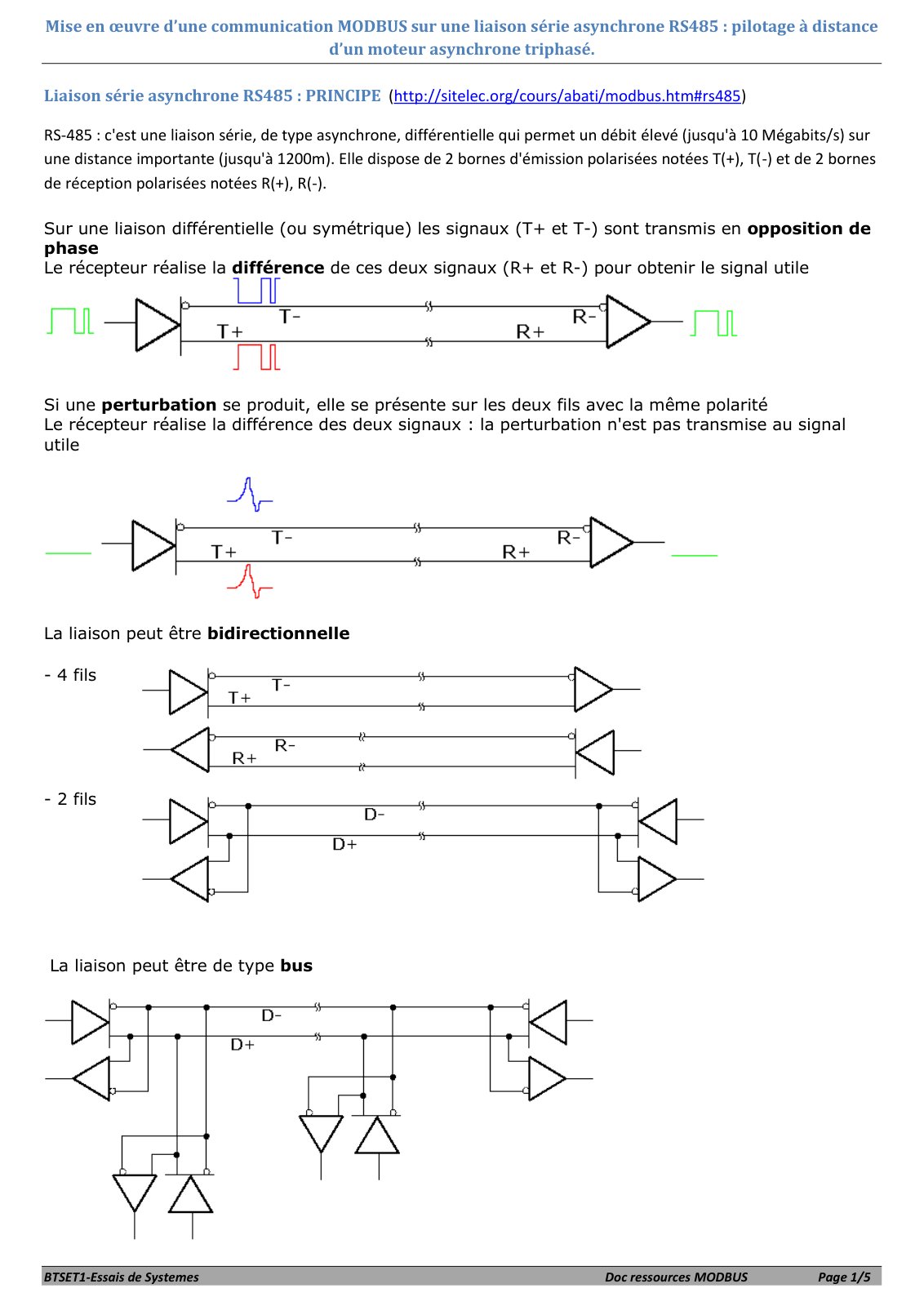 First page of Mise en œuvre d’une communication MODBUS sur une liaison série asynchrone RS485 : pilotage à distance d’un moteur asynchrone triphasé