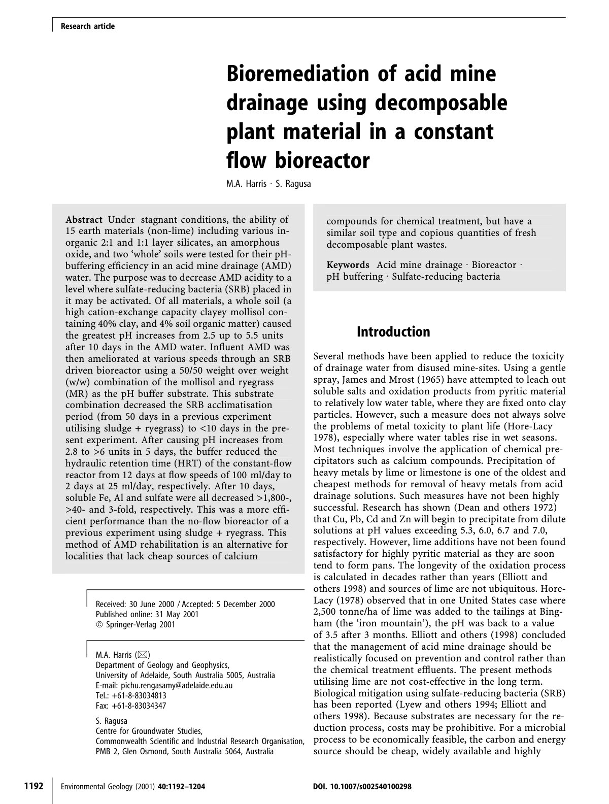 First page of Bioremediation of acid mine drainage usi