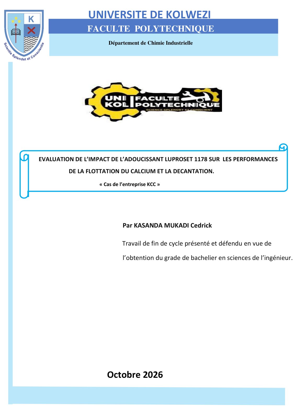 First page of KASANDA MUKADI CEDRICK. Bac 3 Chimie industrielle.TFC