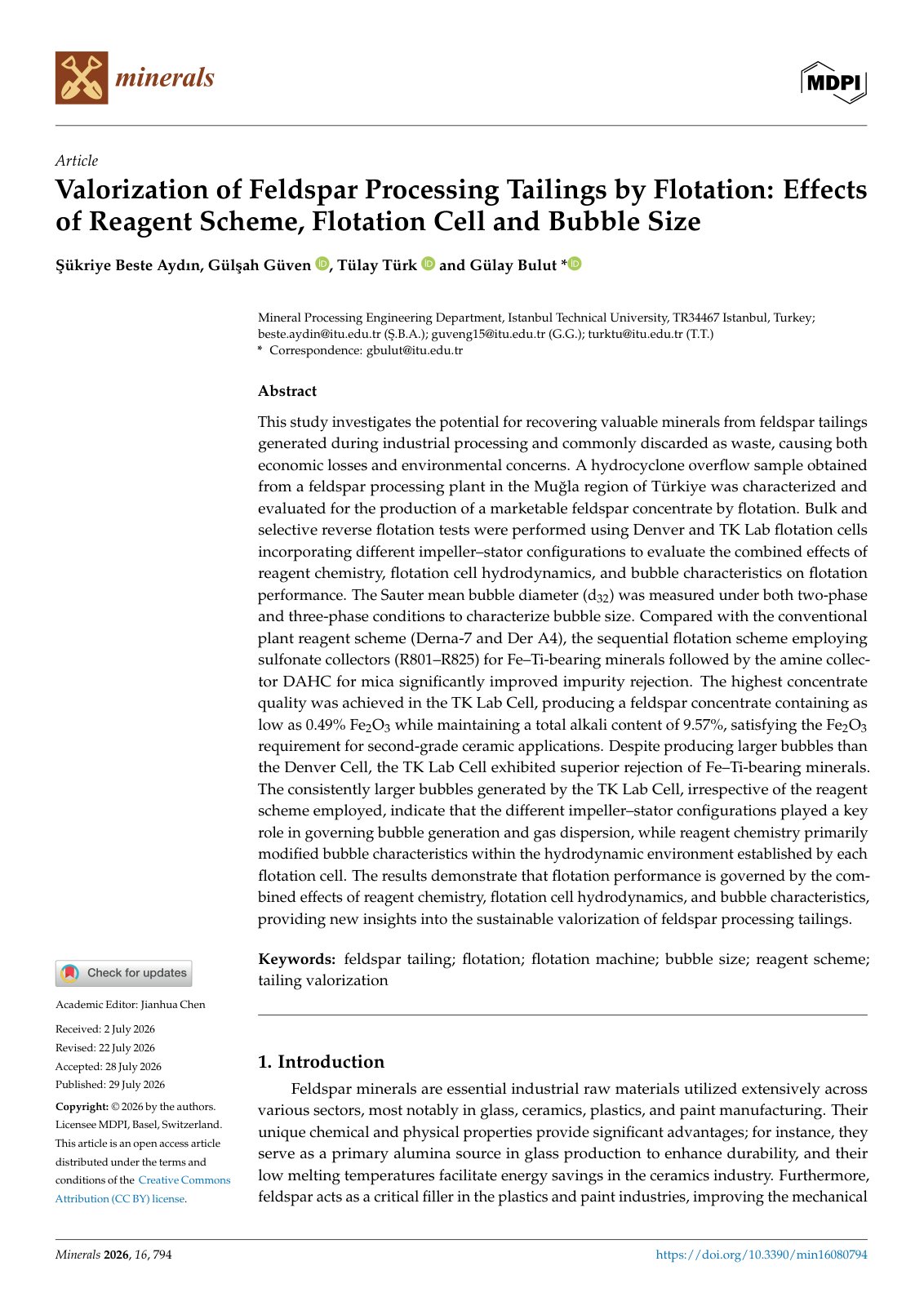 First page of Valorization of Feldspar Processing Tailings by Flotation: Effects of Reagent Scheme, Flotation Cell and Bubble Size