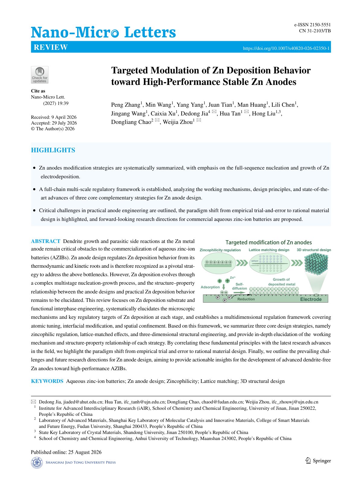 First page of 2026 Zhang Zn Anode Deposition Review
