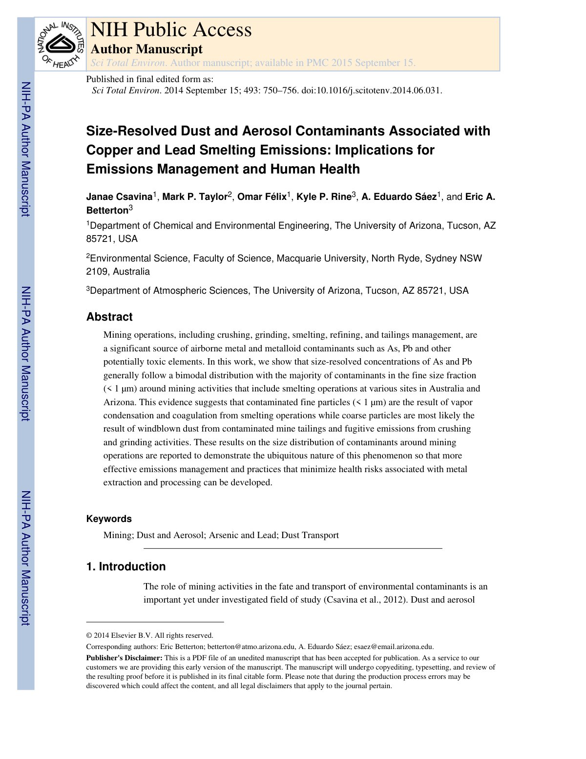 First page of Size-Resolved Dust and Aerosol Contaminants Associated with Copper and Lead Smelting Emissions: Implications for Emissions Management and Human Health