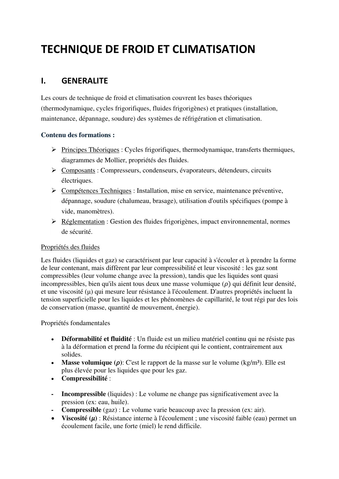 First page of Cours Technique de Froid et Climatization Updated
