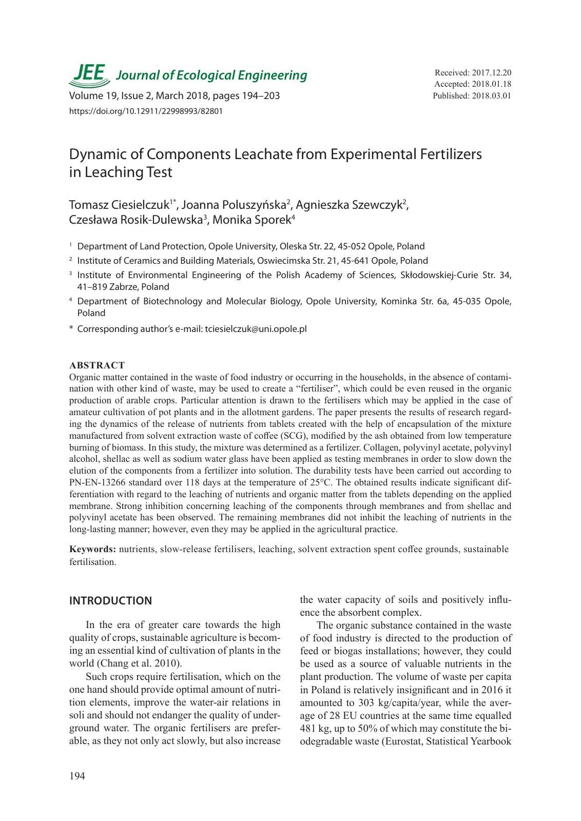 First page of Dynamic of Components Leachate from Expe
