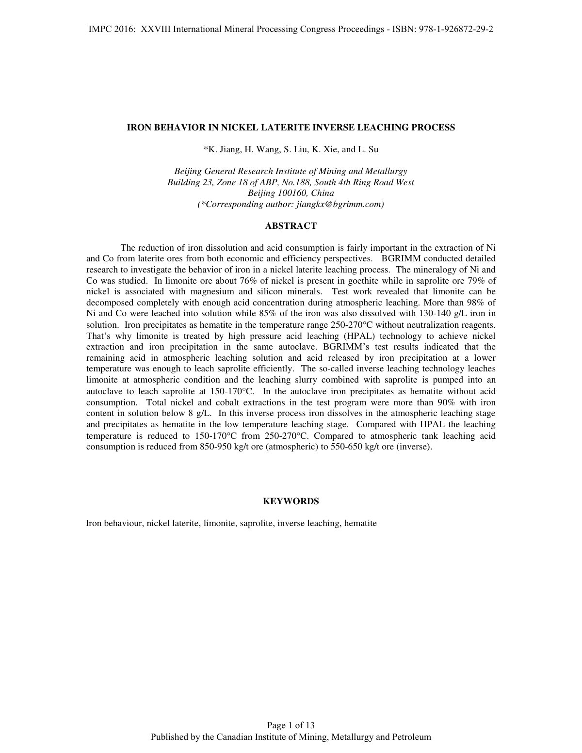 First page of Iron behavior in nickel laterite inverse leaching process