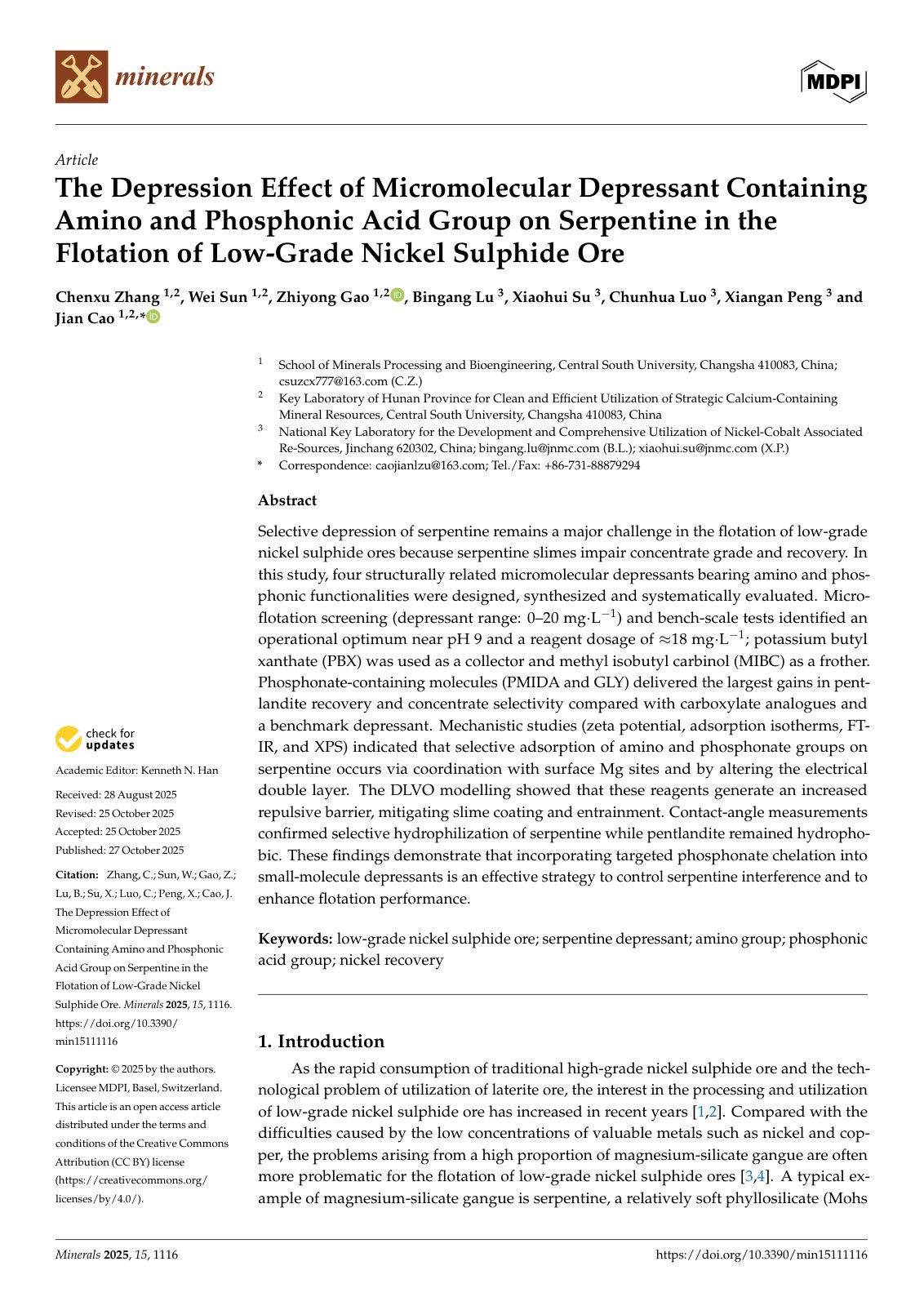 First page of The Depression Effect of Micromolecular Depressant Containing Amino and Phosphonic Acid Group on Serpentine in the Flotation of Low-Grade Nickel Sulphide Ore
