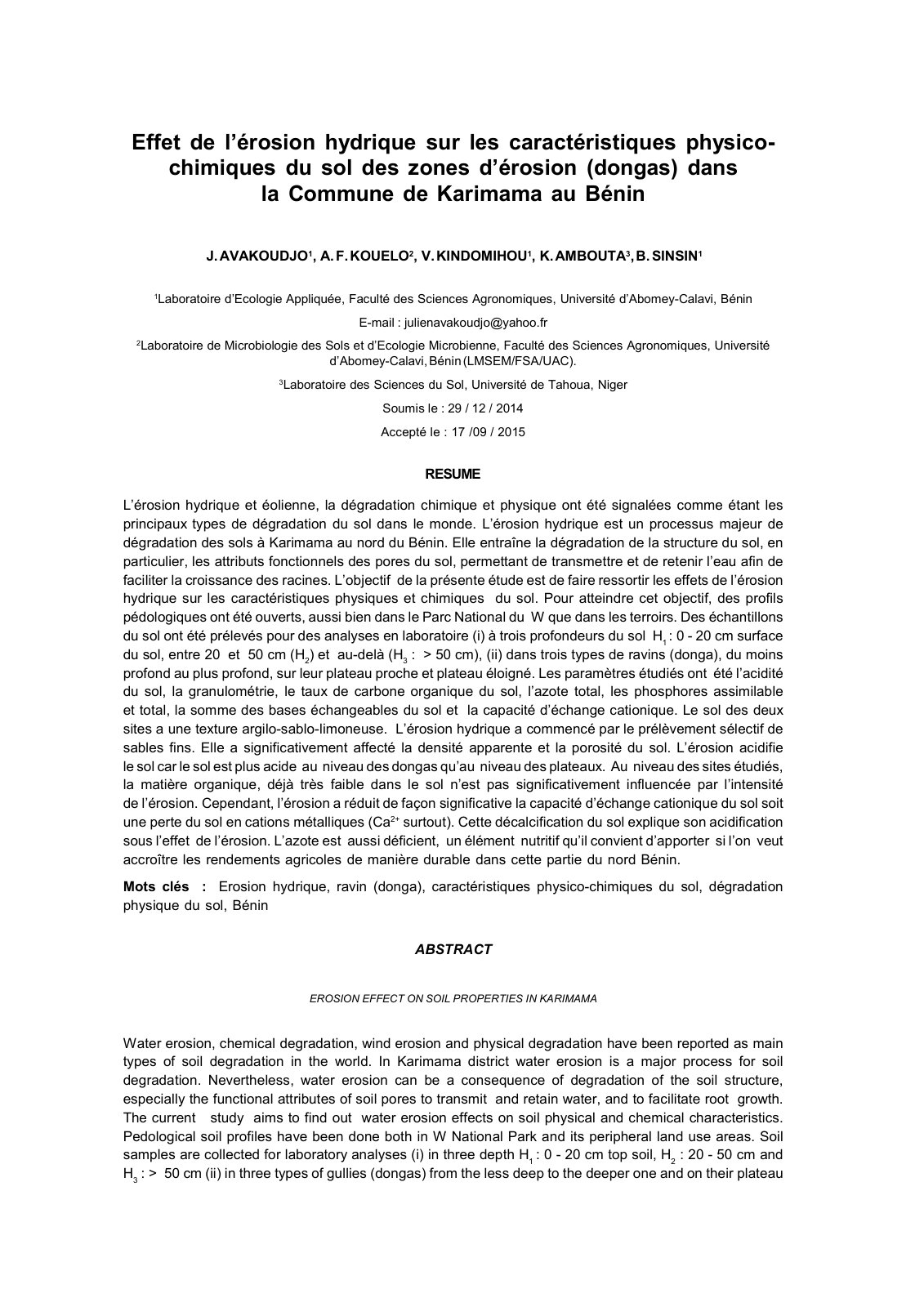 First page of Effet de l erosion hydrique sur les cara