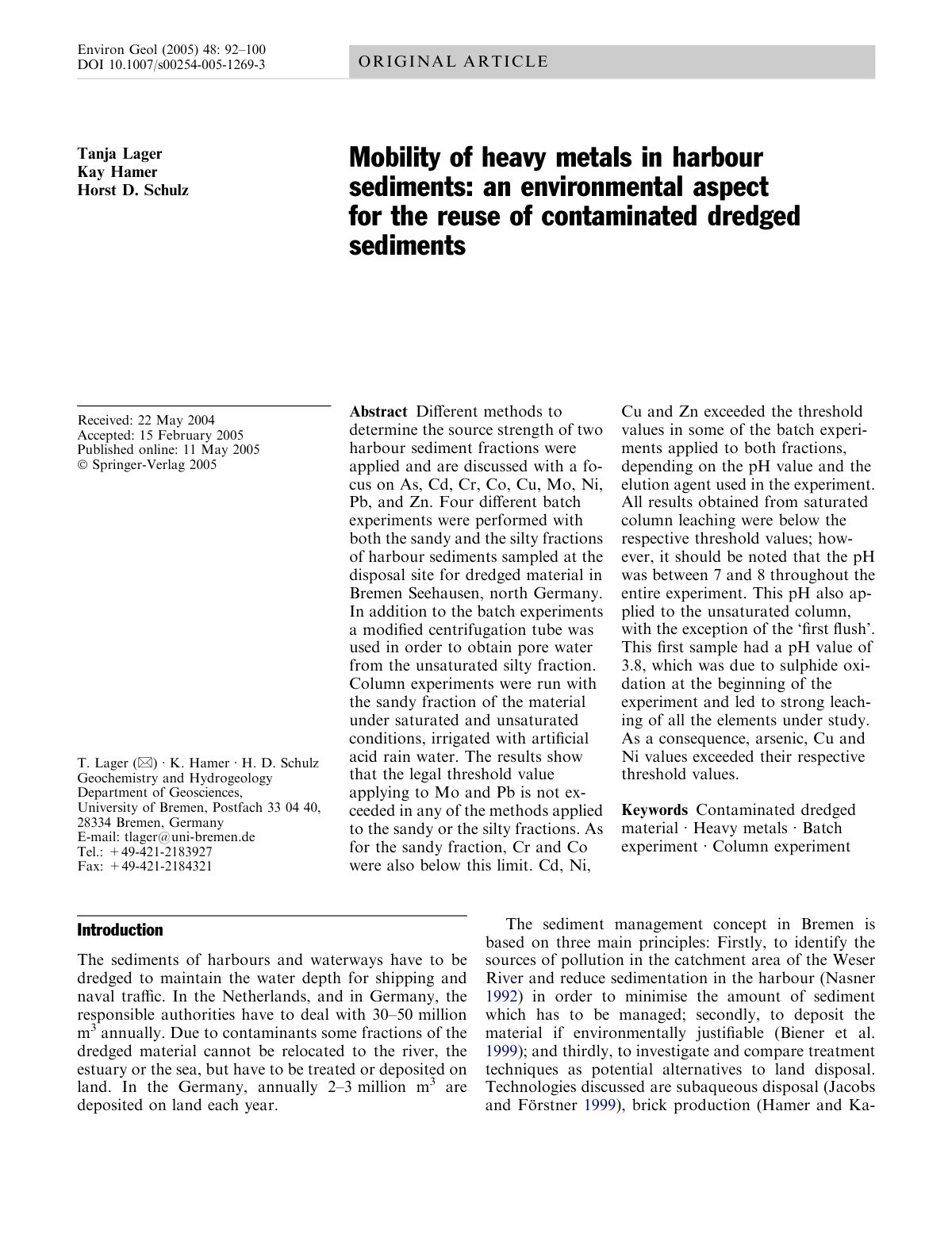 First page of Mobility of heavy metals in harbour sedi