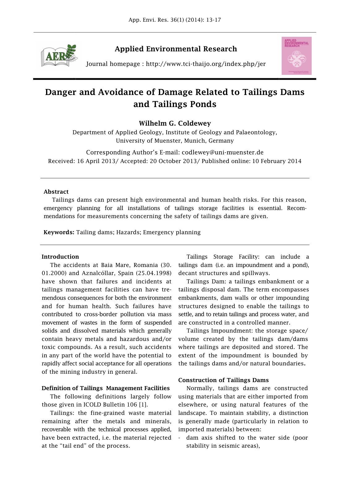 First page of Danger and Avoidance of Damage Related t