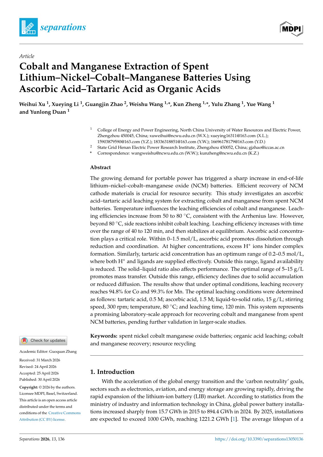First page of 2026   Xu   Organic acid leaching of spent NCM batteries