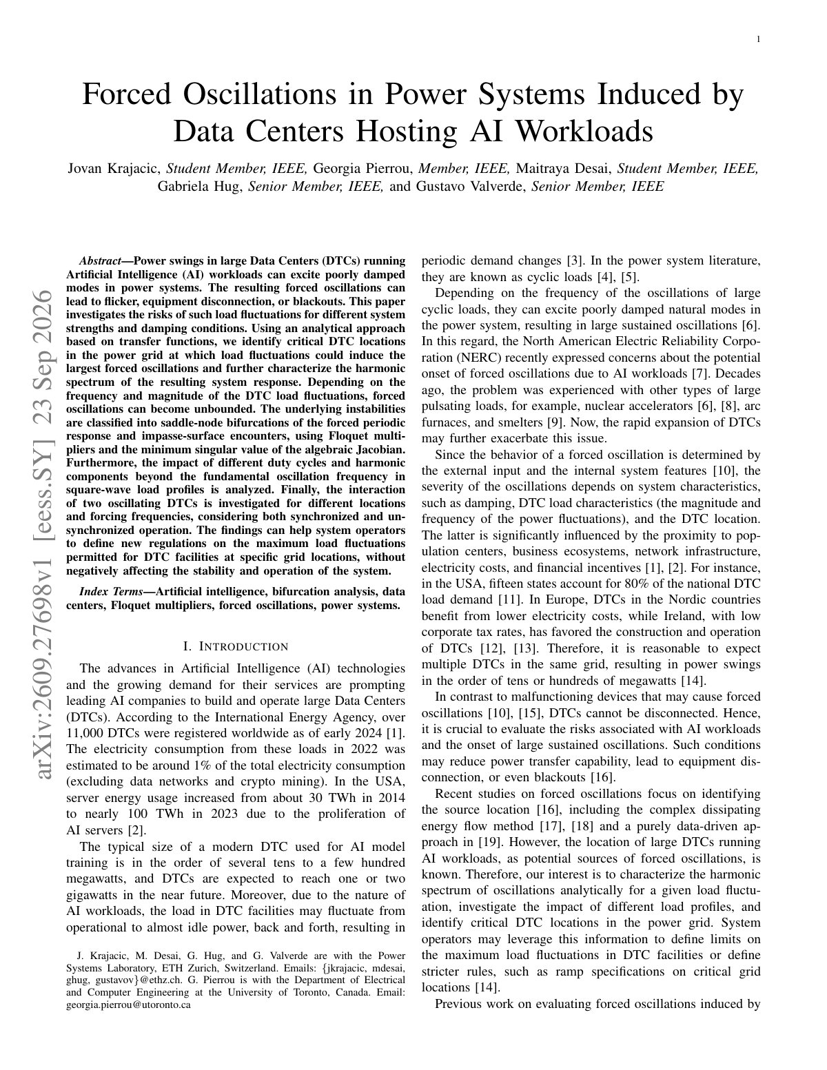 First page of Forced Oscillations in Power Systems Induced by Data Centers Hosting AI Workloads