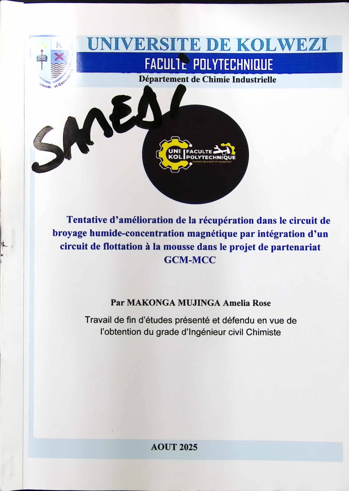 First page of Tentative d’amélioration de la récupération dans le circuit de broyage humide-concentration magnétique par intégration d’un circuit de flottation à la mousse dans le projet de partenariat GCM-MCC