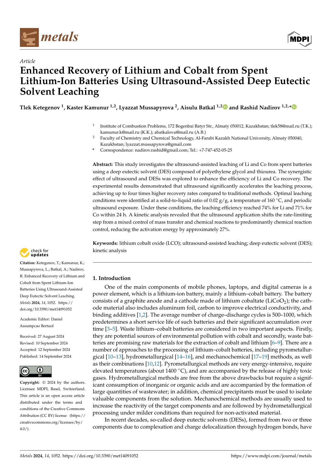 First page of 2024   Ketegenov   Ultrasound DES leaching of spent lithium batteries