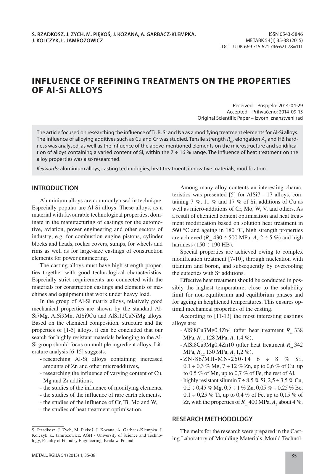 First page of INFLUENCE OF REFINING TREATMENTS ON THE PROPERTIES OF Al-Si ALLOYS