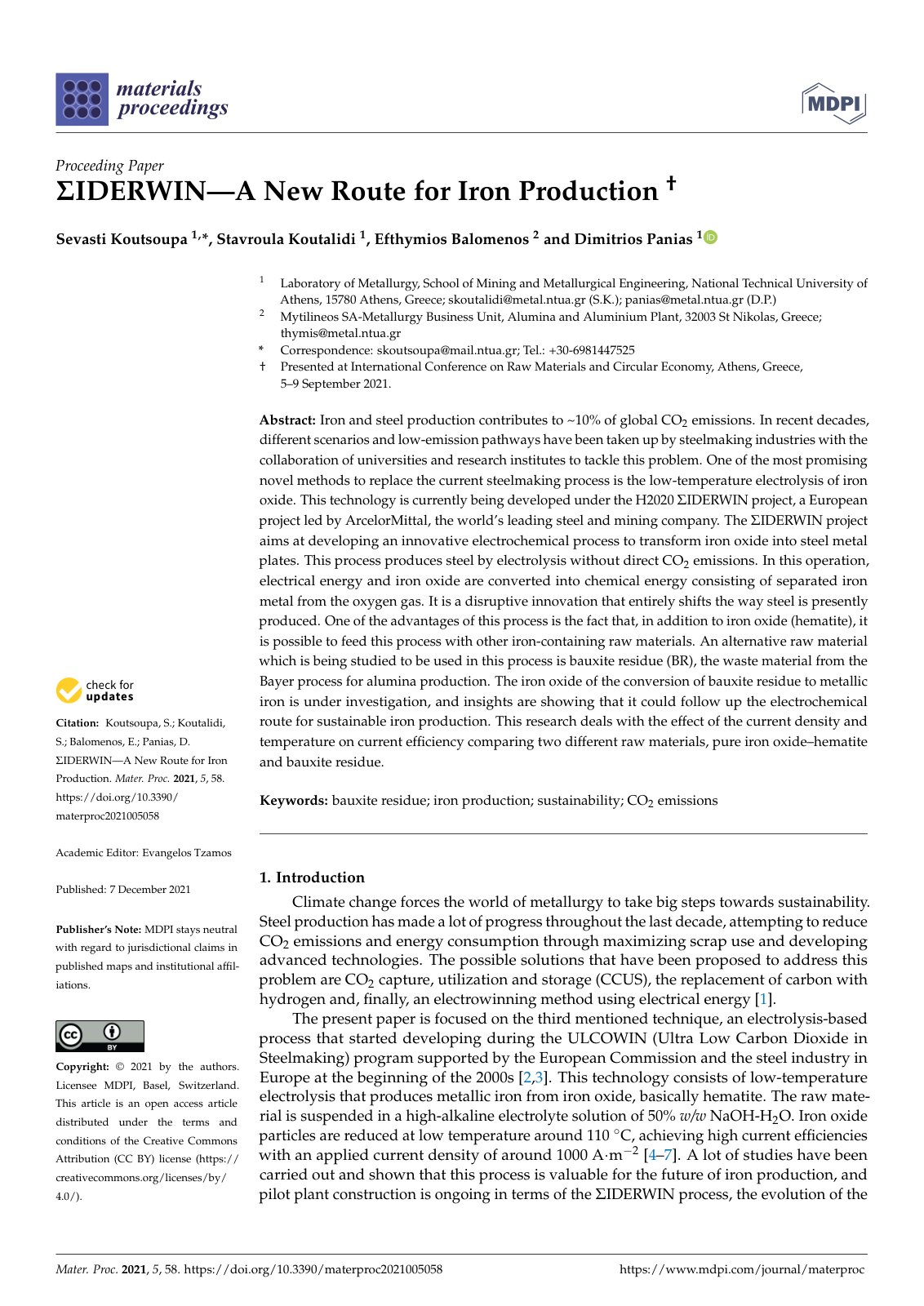 First page of IDERWIN A New Route for Iron Production
