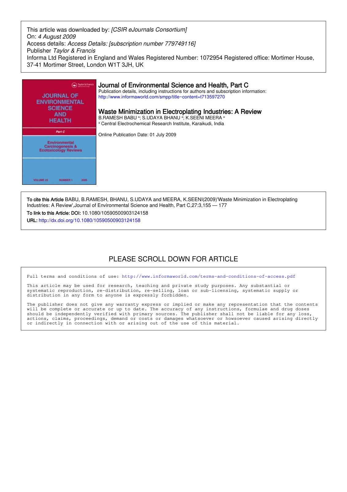 First page of Waste Minimization in Electroplating Industries: A Review