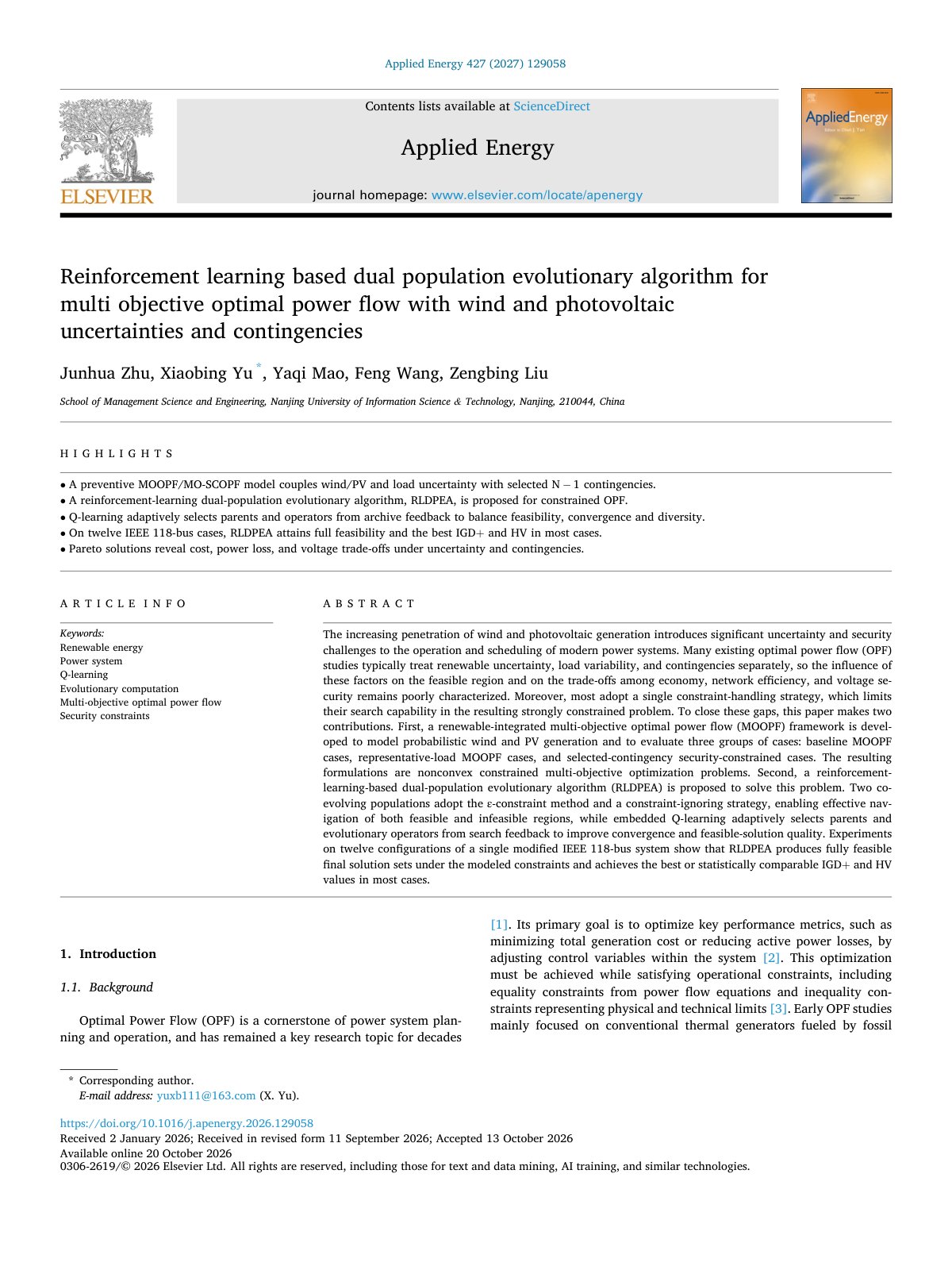 First page of Reinforcement learning based dual population evolutionary algorit 2027 Appli
