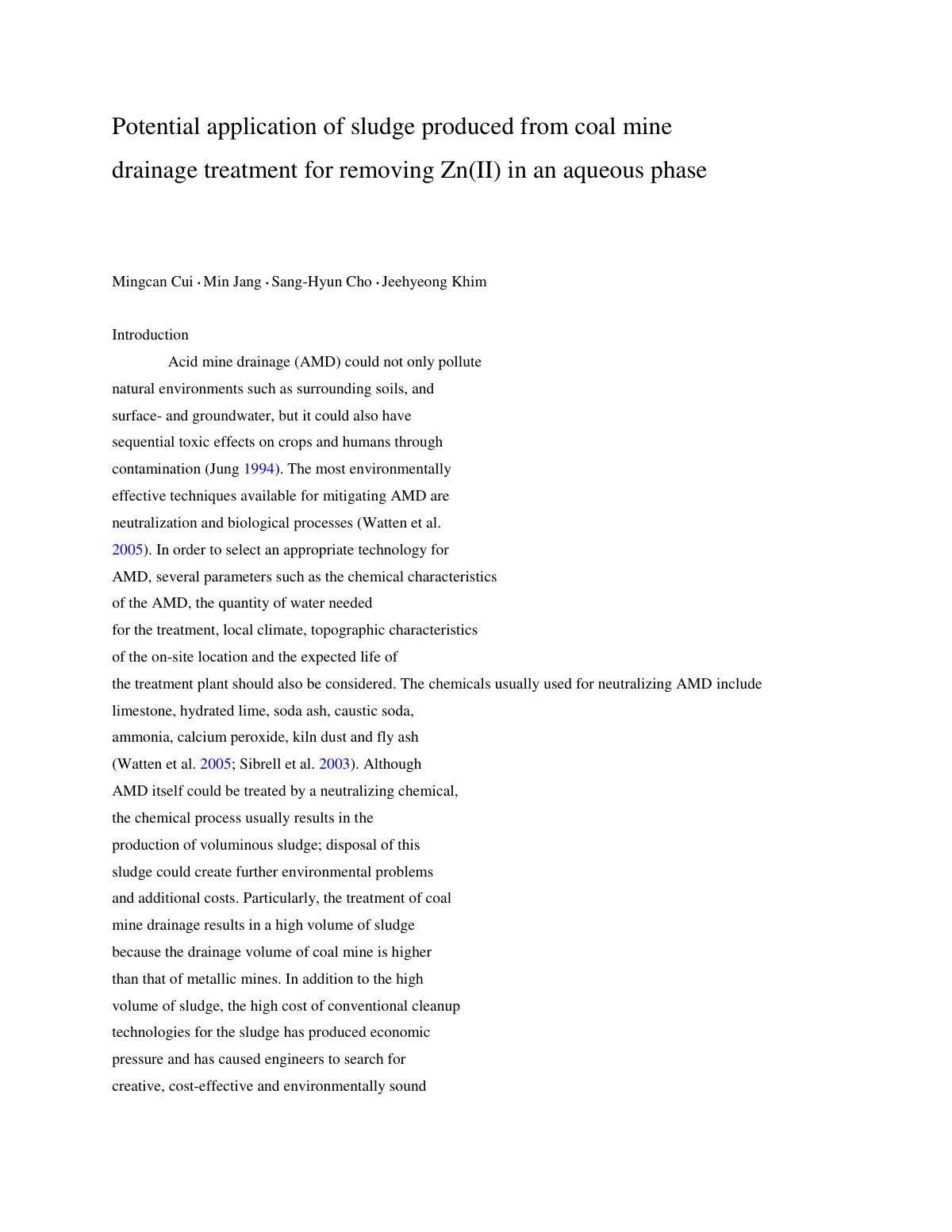 First page of Potential application of sludge produced from coal mine drainage treatment for removing Zn(II) in an aqueous phase