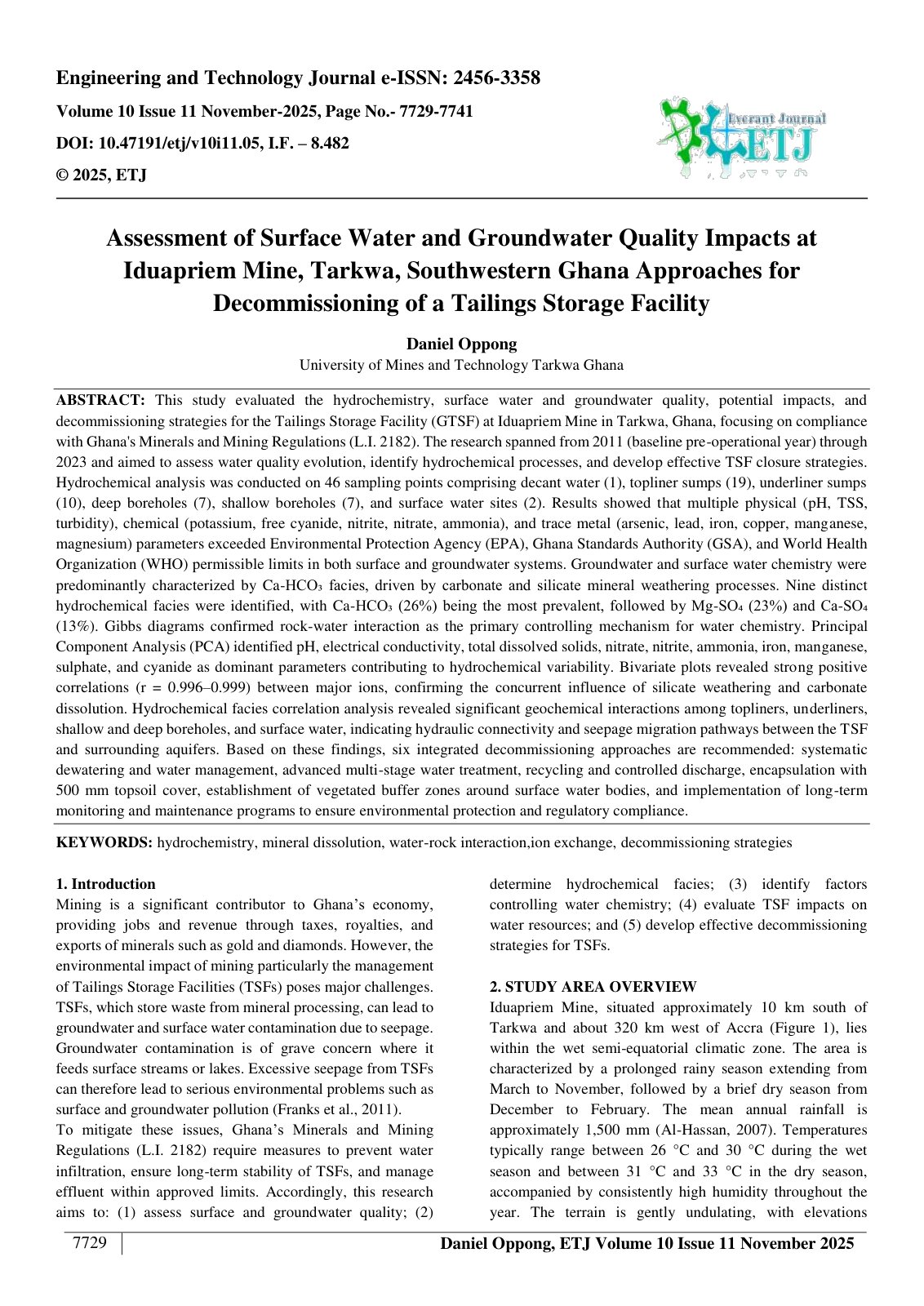 First page of Assessment of Surface Water and Groundwater Quality Impacts at Iduapriem Mine, Tarkwa, Southwestern Ghana Approaches for Decommissioning of a Tailings Storage Facility