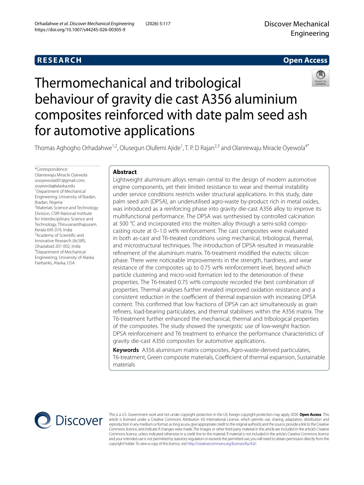 First page of Thermomechanical and tribological behaviour of gravity die cast A356 aluminium composites reinforced with date palm seed ash for automotive applications