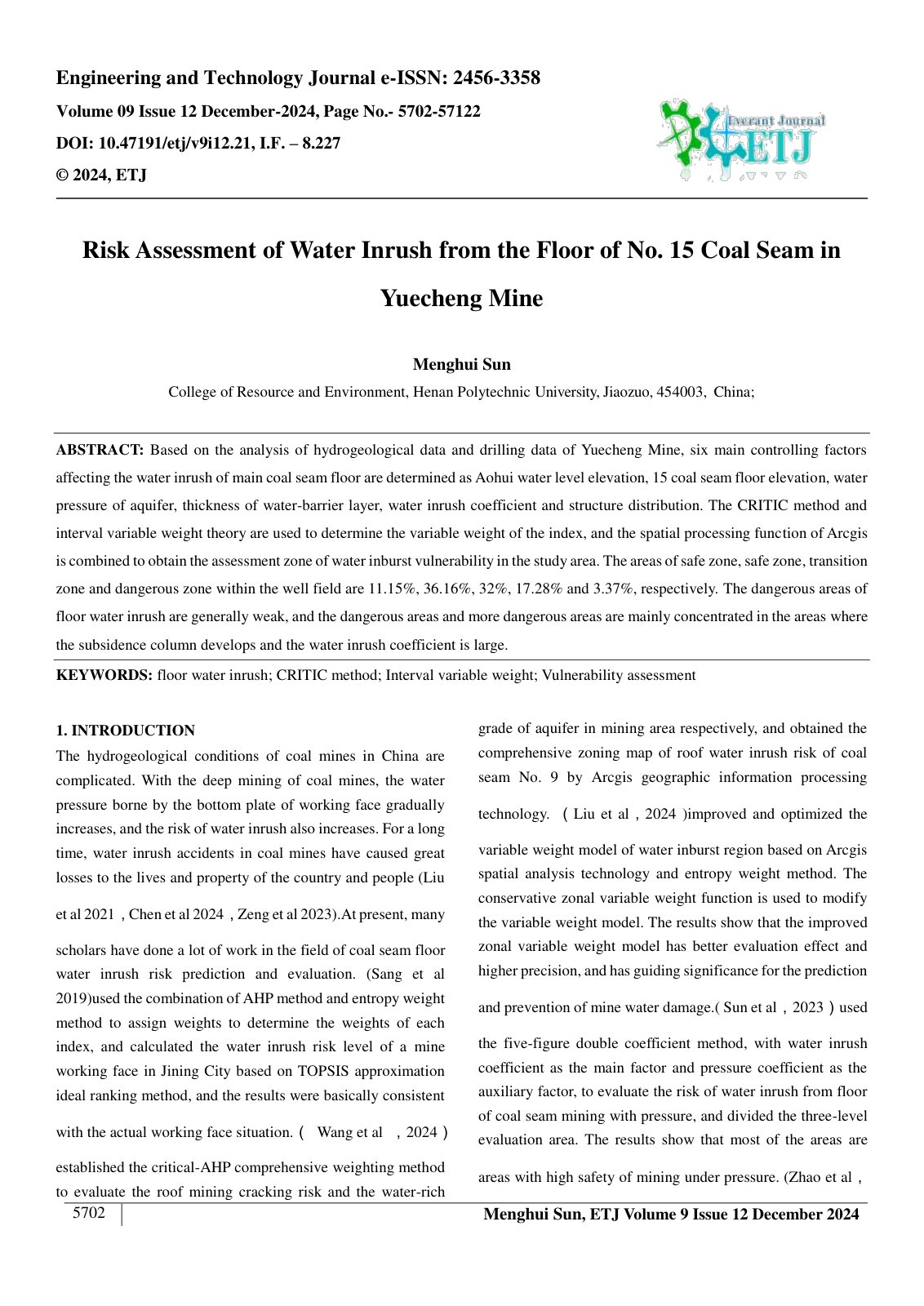 First page of Risk Assessment of Water Inrush from the Floor of No. 15 Coal Seam in 