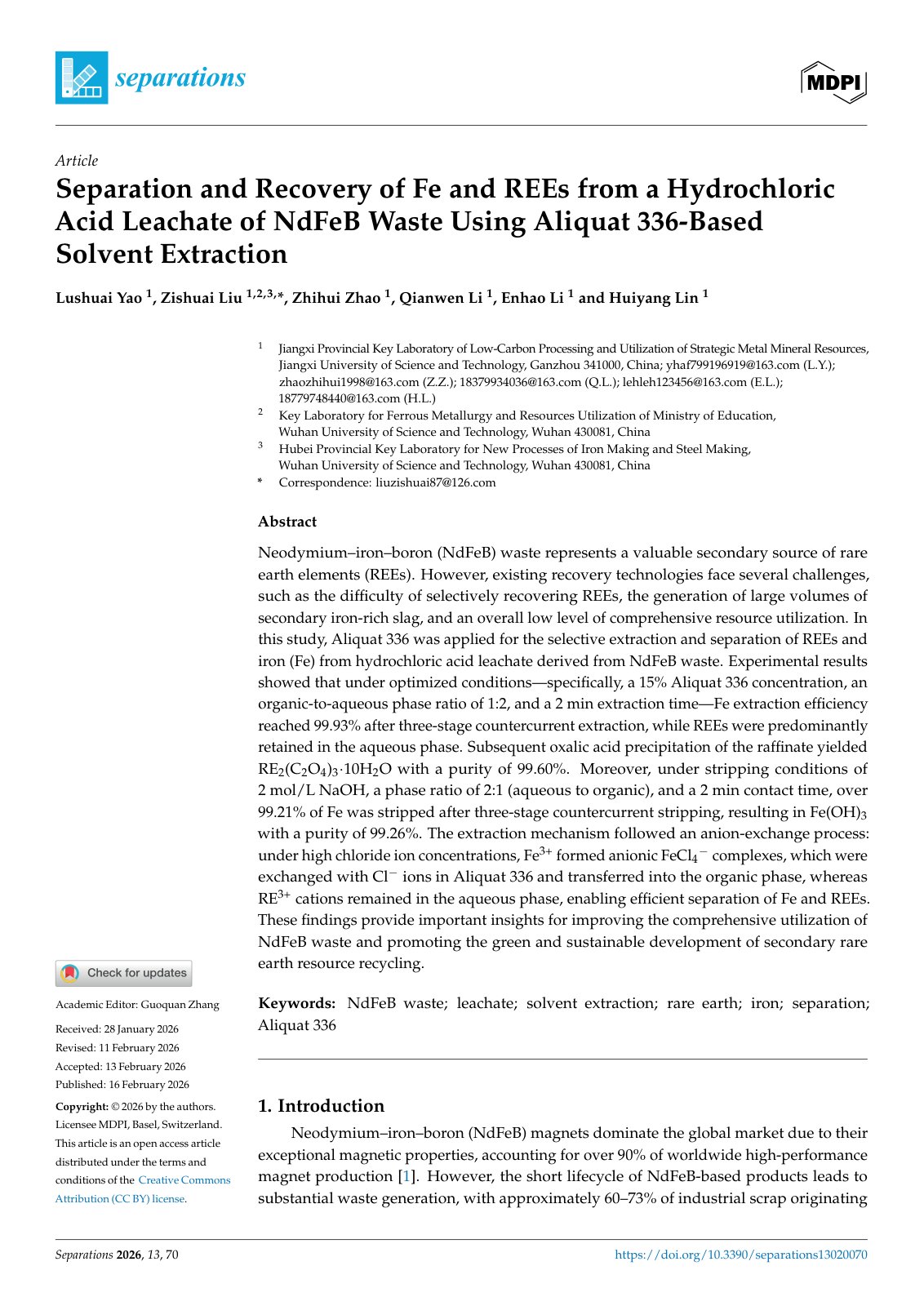 First page of 2026   Yao   Iron and REE Recovery from NdFeB Leachate