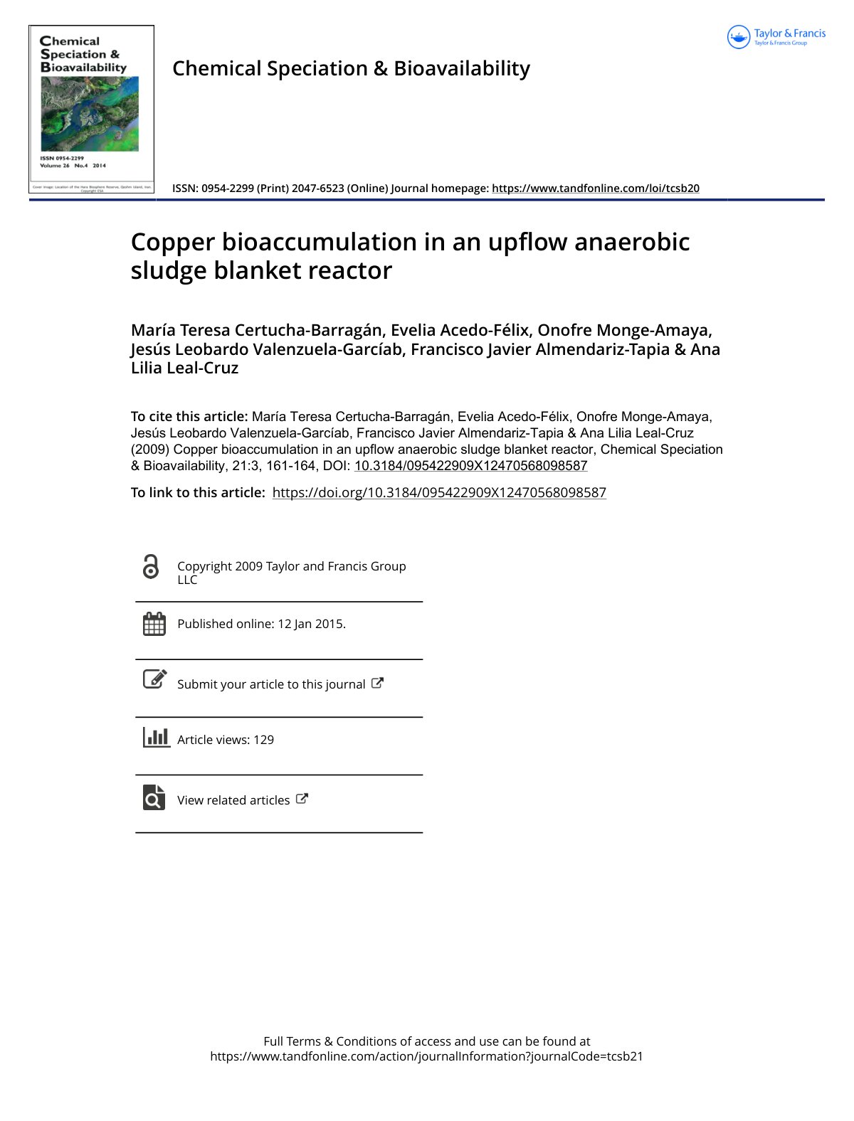 First page of Copper bioaccumulation in an upflow anaerobic sludge blanket reactor