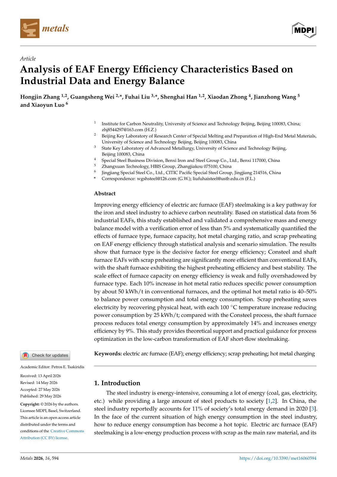 First page of Analysis of EAF Energy Efficiency Characteristics Based on Industrial Data and Energy Balance